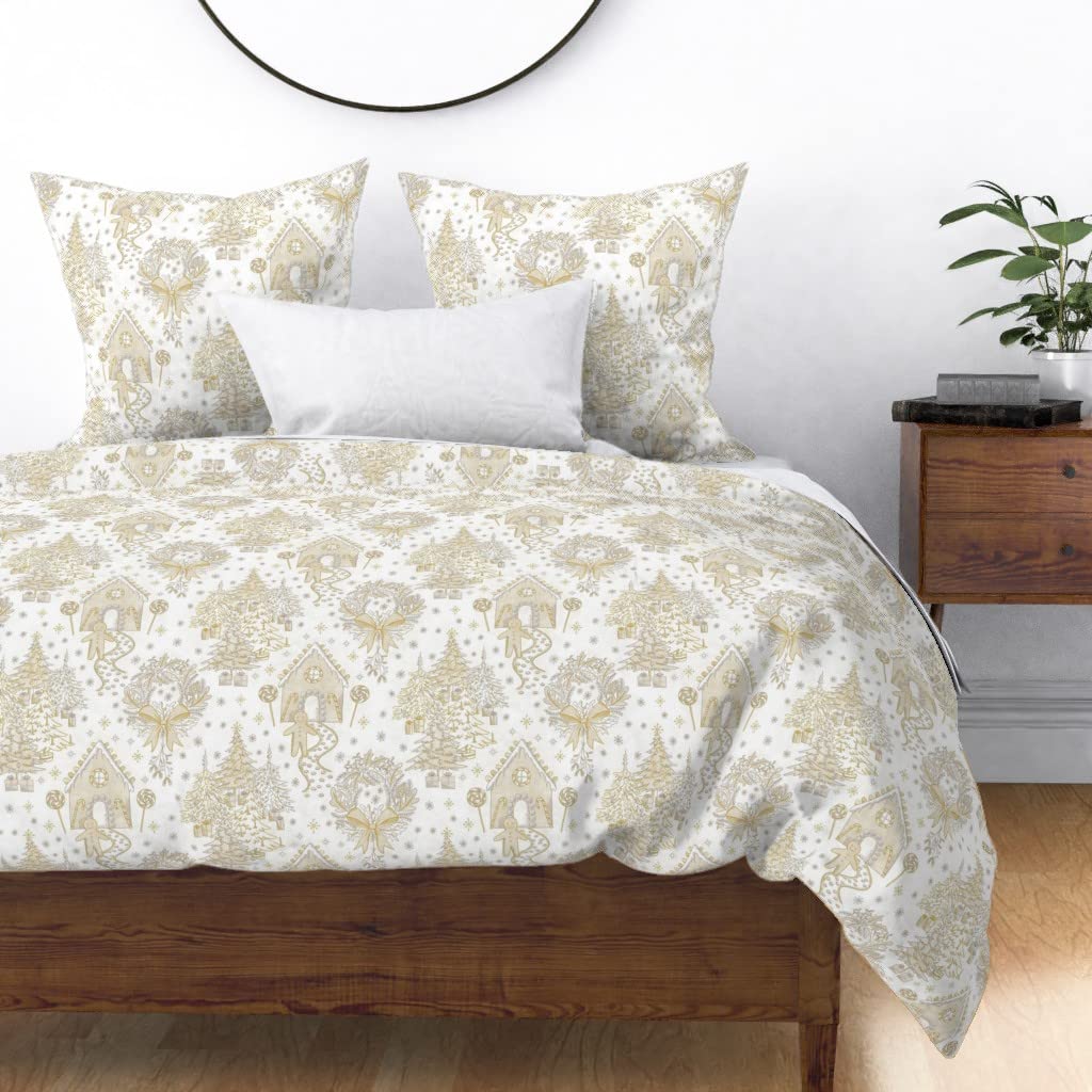 Premium Spoonflower Cotton Sateen Duvet Cover - Full/Queen Size Holiday Toile Christmas Wreath Print Custom Bedding Set | Soft Luxury Bedding for Seasonal Home Decor & Cozy Winter Nights