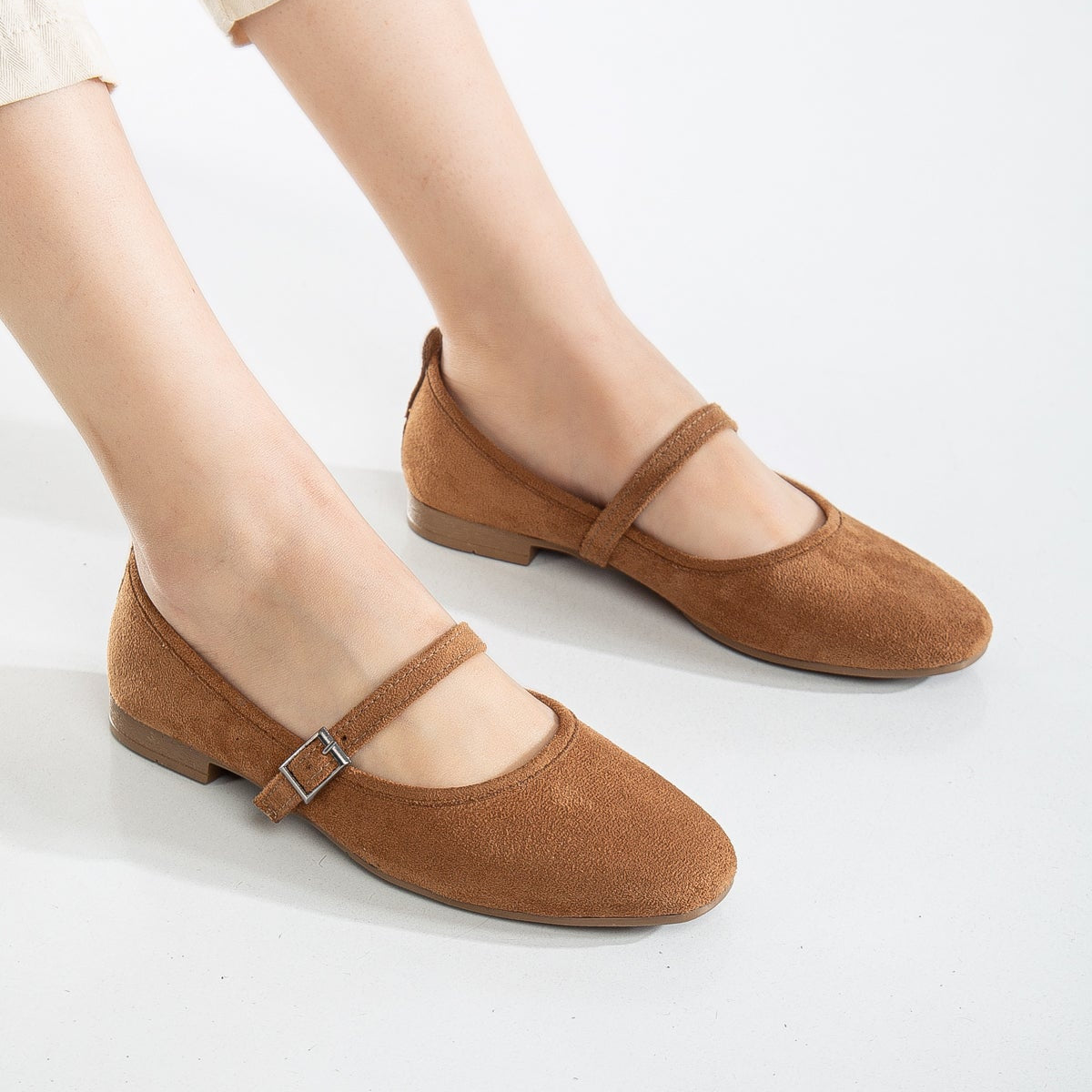 Emilie Cognac Brown Suede Mary Jane Flats - Comfortable Women's Casual Shoes for Work, Office & Everyday Wear