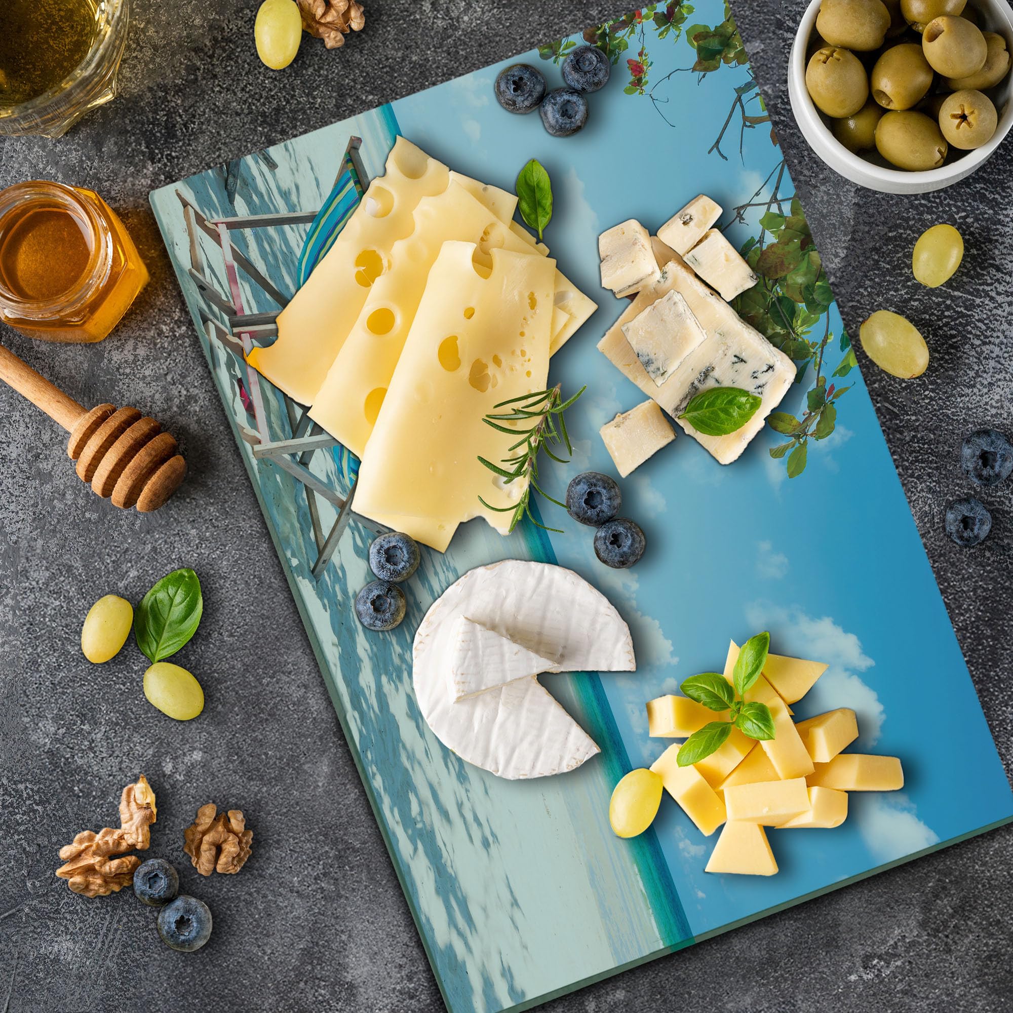 Lunarable Seaside Tempered Glass Cutting Board - Large Turquoise Blue Decorative Serving Board with Beach Chairs Under Tree Shade Design | Perfect for Kitchen Prep, Charcuterie Display & Coastal-Themed Home Decor