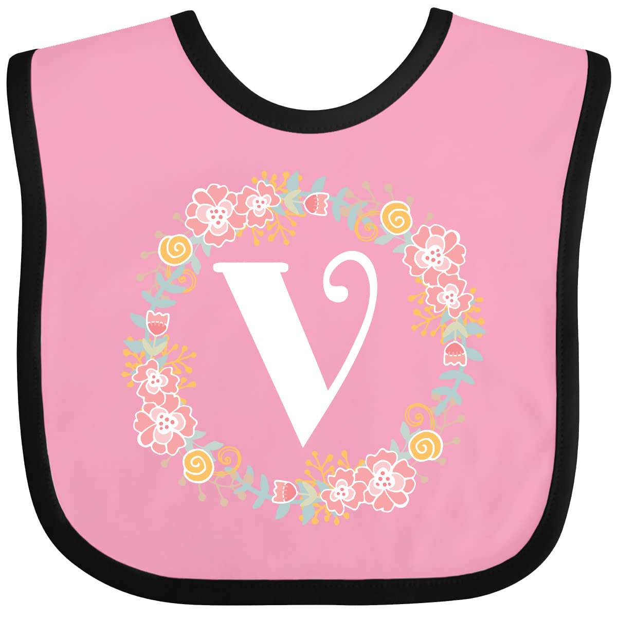 Personalized Monogram Letter V Baby Bib with Rose Floral Wreath Design - Perfect for Newborns, Showers & Photo Shoots