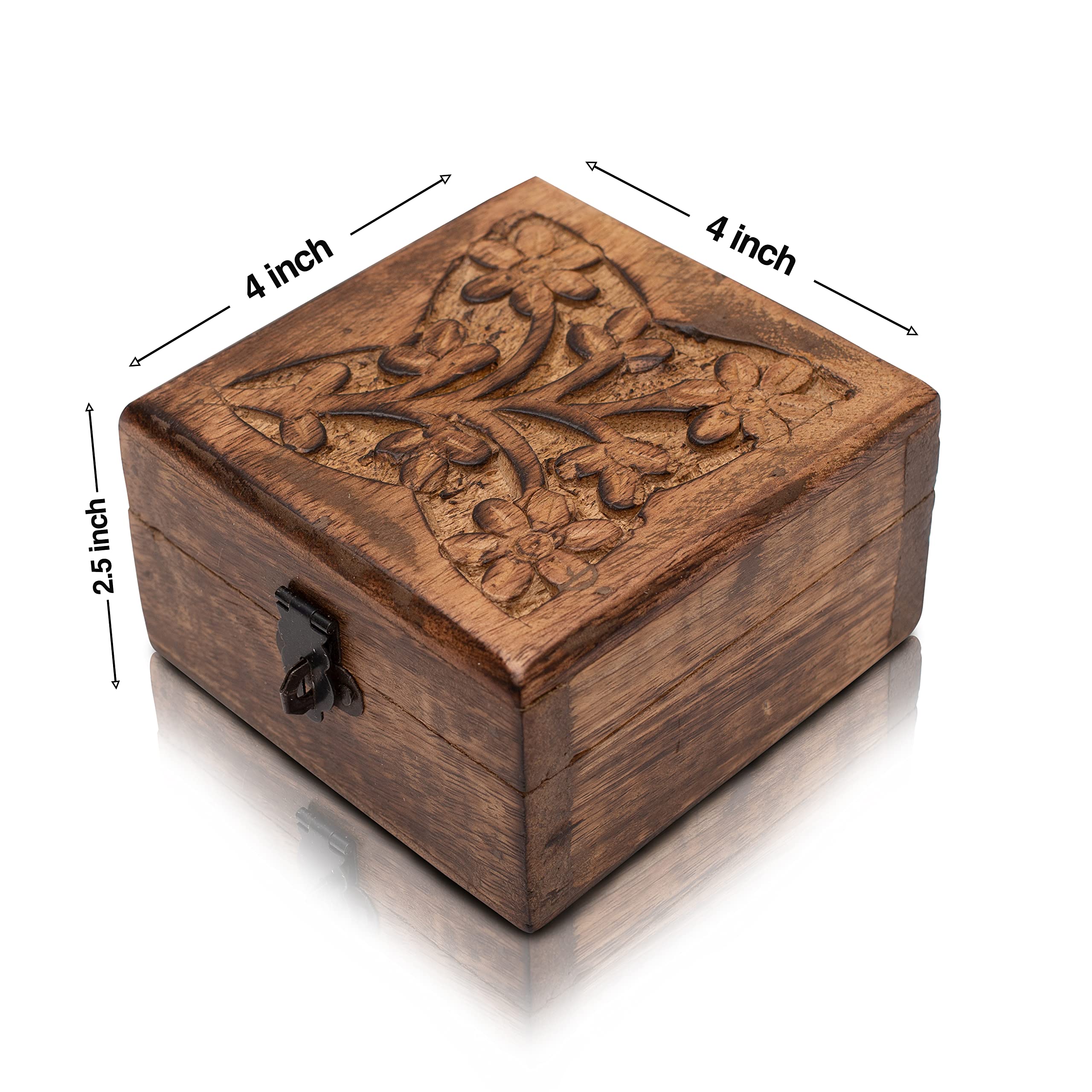 Handmade Decorative Wooden Jewelry Box - 4 x 4 Inch Treasure Chest for Necklaces, Rings & Watches | Perfect Birthday Gift & Jewelry Organizer | Keepsake Box for Home Decor, Wedding Favors & Travel Storage
