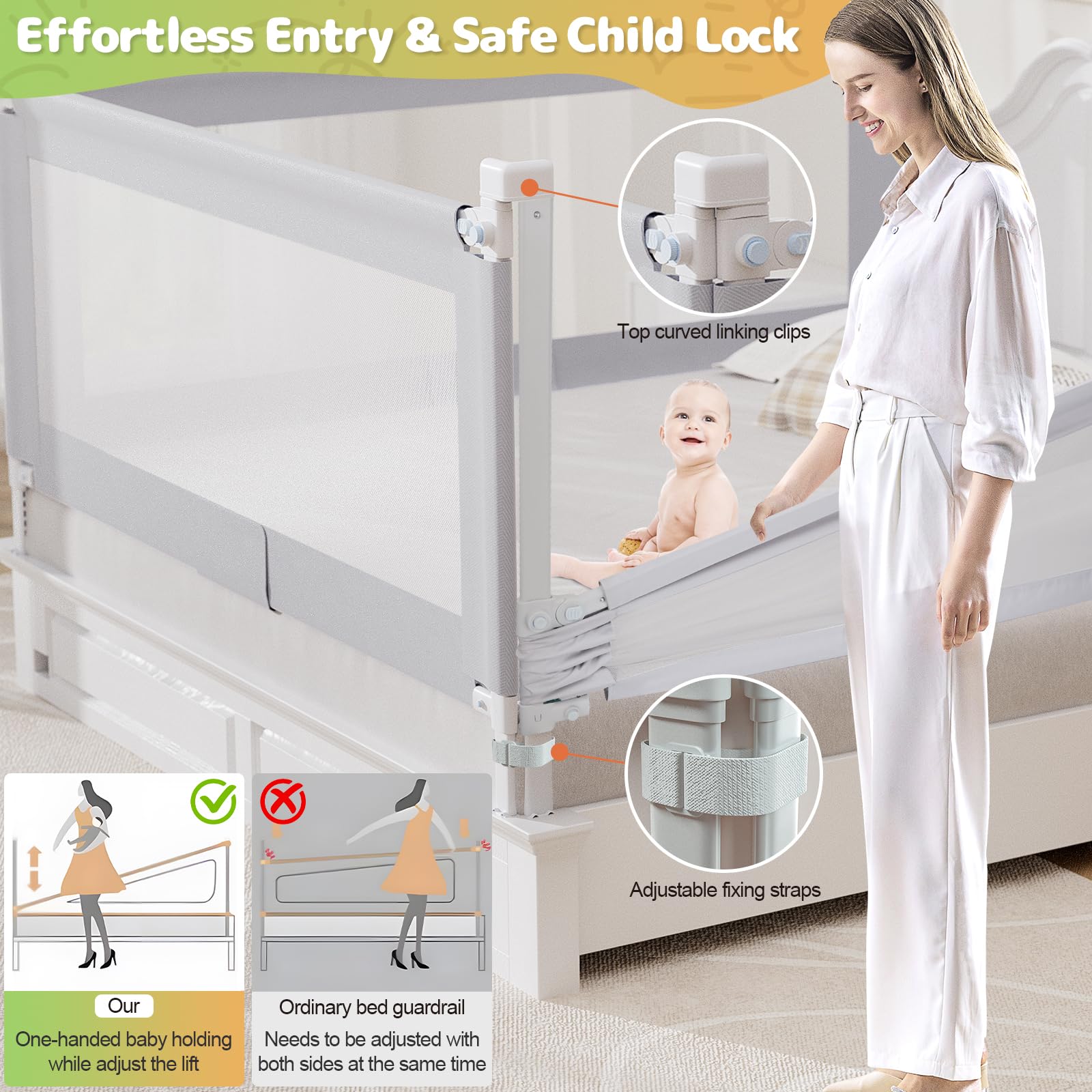**Omzer Foldable Adjustable Baby Bed Safety Rail with Child Lock - 3 Pack (78.7x78.7x74