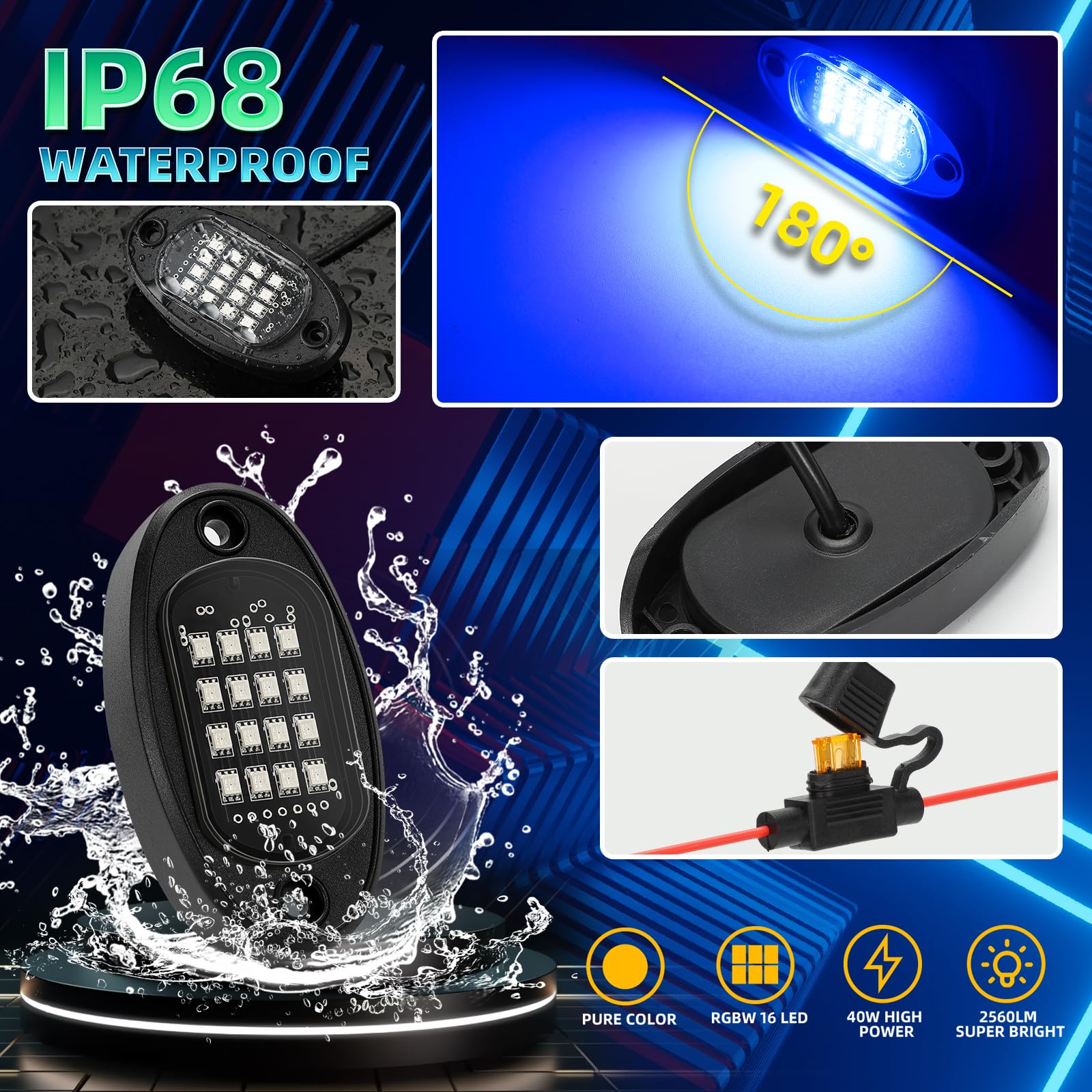 16 Pods RGB LED Rock Lights for Semi Trucks, Offroad Pickup, Trailer & Sedan - APP/RF Controlled Multicolor Underglow Lighting Kit, 12V Waterproof Vehicle Neon Lights for Off-Roading, Car Shows & Night Cruising