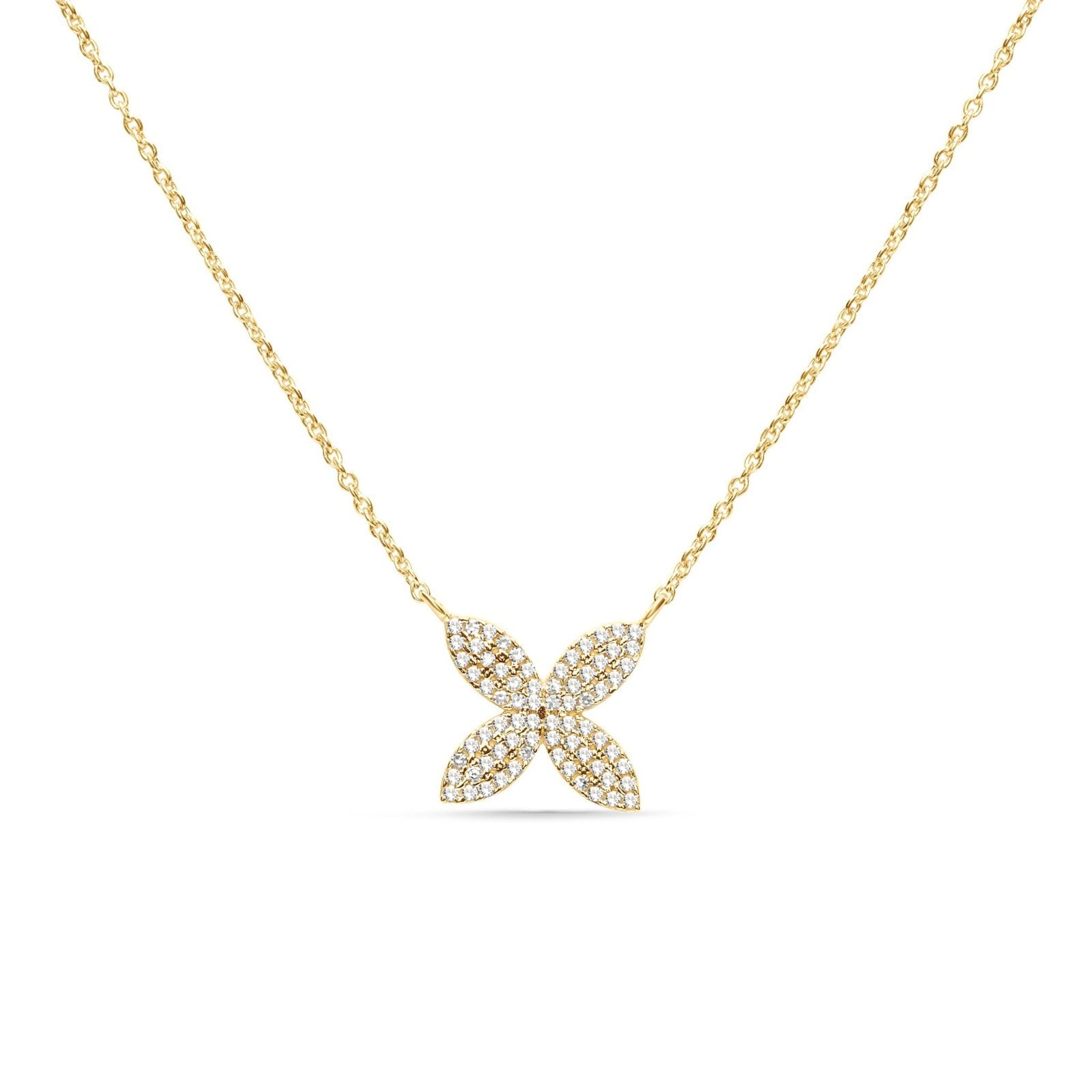 14K Yellow Gold Diamond Flower Necklace - Four Petal Pave Design for Women, Elegant Jewelry Gift for Anniversary, Valentine's Day & Special Occasions