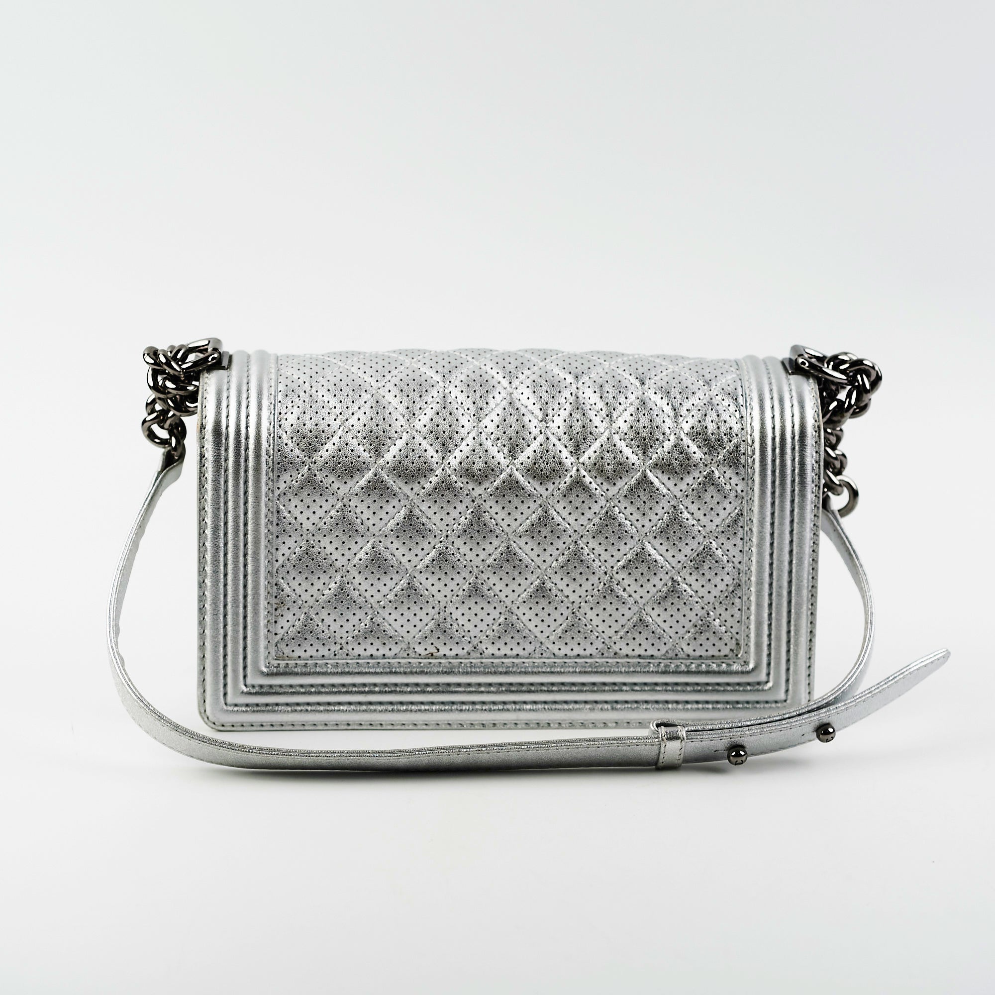 Authentic Chanel Old Medium Boy Bag in Silver - Luxury Crossbody Handbag for Women, Perfect for Evening Parties & Special Occasions