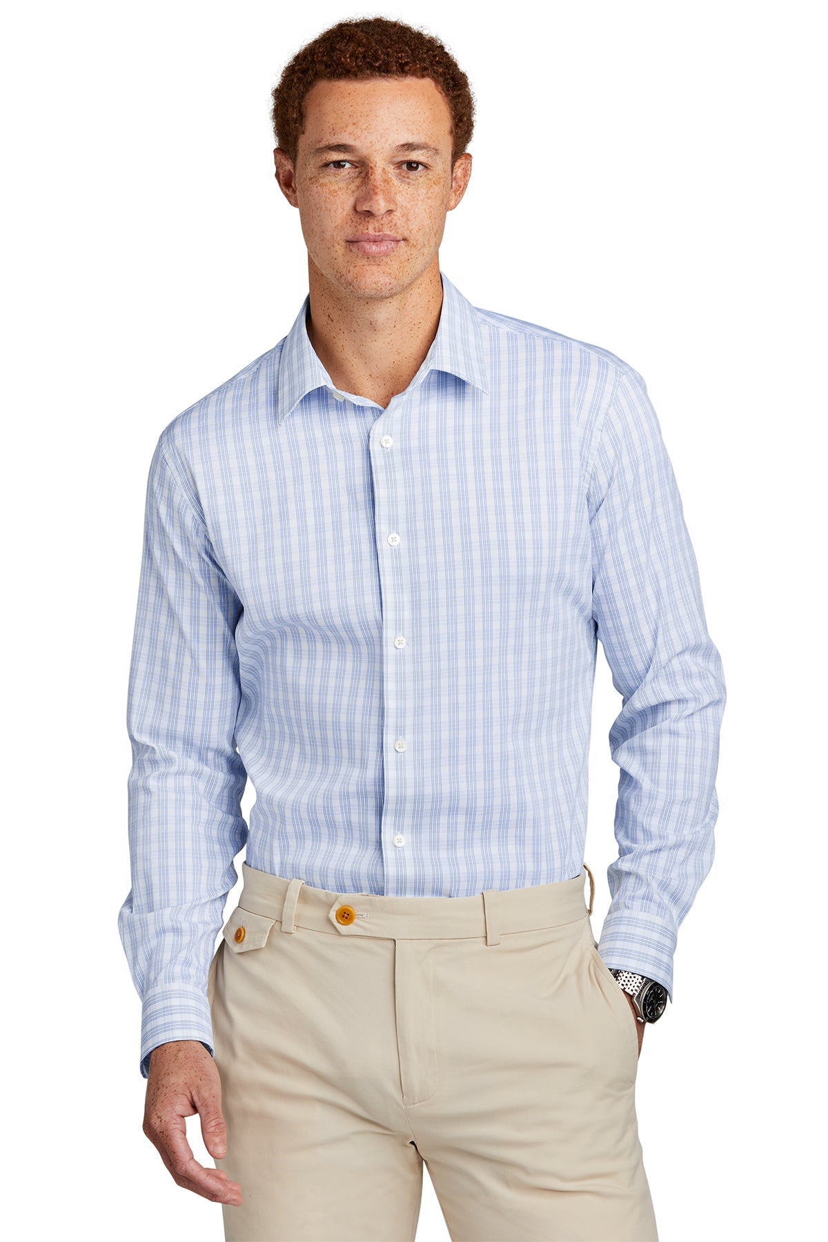 Brooks Brothers Tech Stretch Patterned Dress Shirt for Men - White & Newport Blue Grid Check - Comfortable Office Wear & Business Casual Attire