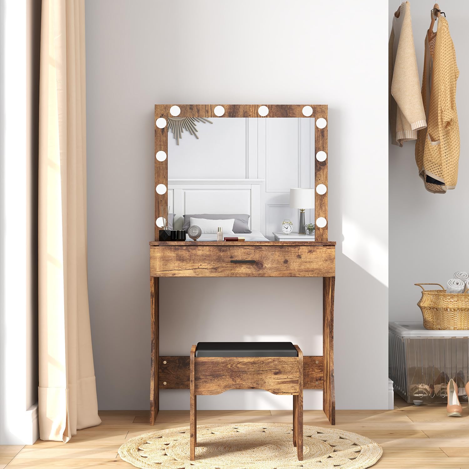 Vanity Desk with Mirror and Adjustable LED Lights, Makeup Vanity Table Set with Storage Drawer & Stool - Elegant Brown Dressing Table for Bedroom | Perfect for Beauty Routine, Makeup Application & Home Decor