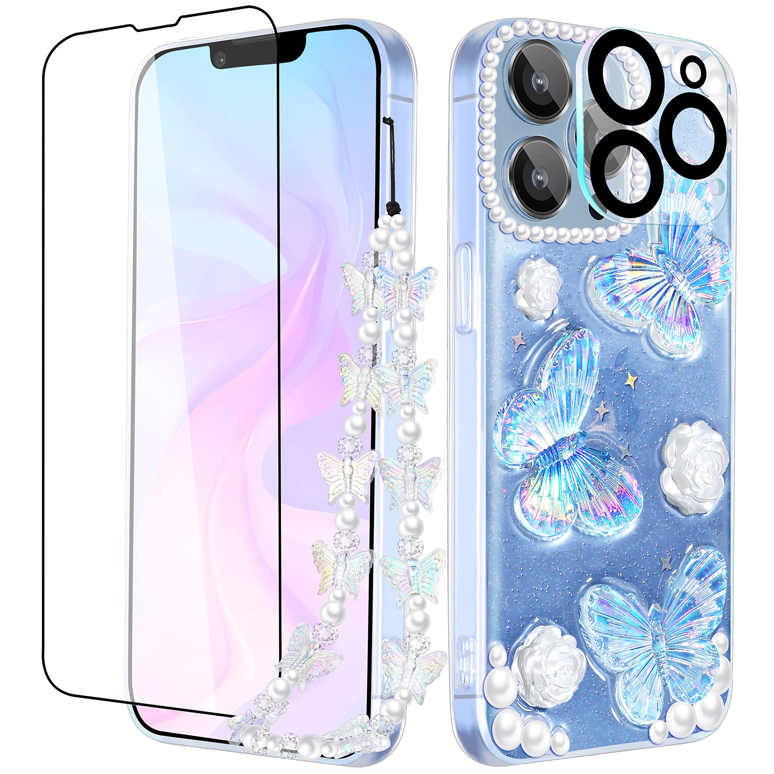 Goocrux 4-in-1 iPhone 13 Pro Case for Women - Glitter Butterfly Sequin Sparkle Clear Phone Cover with Chain, Camera Protector & Screen Protector | Cute Girly Design for Everyday Use & Special Occasions
