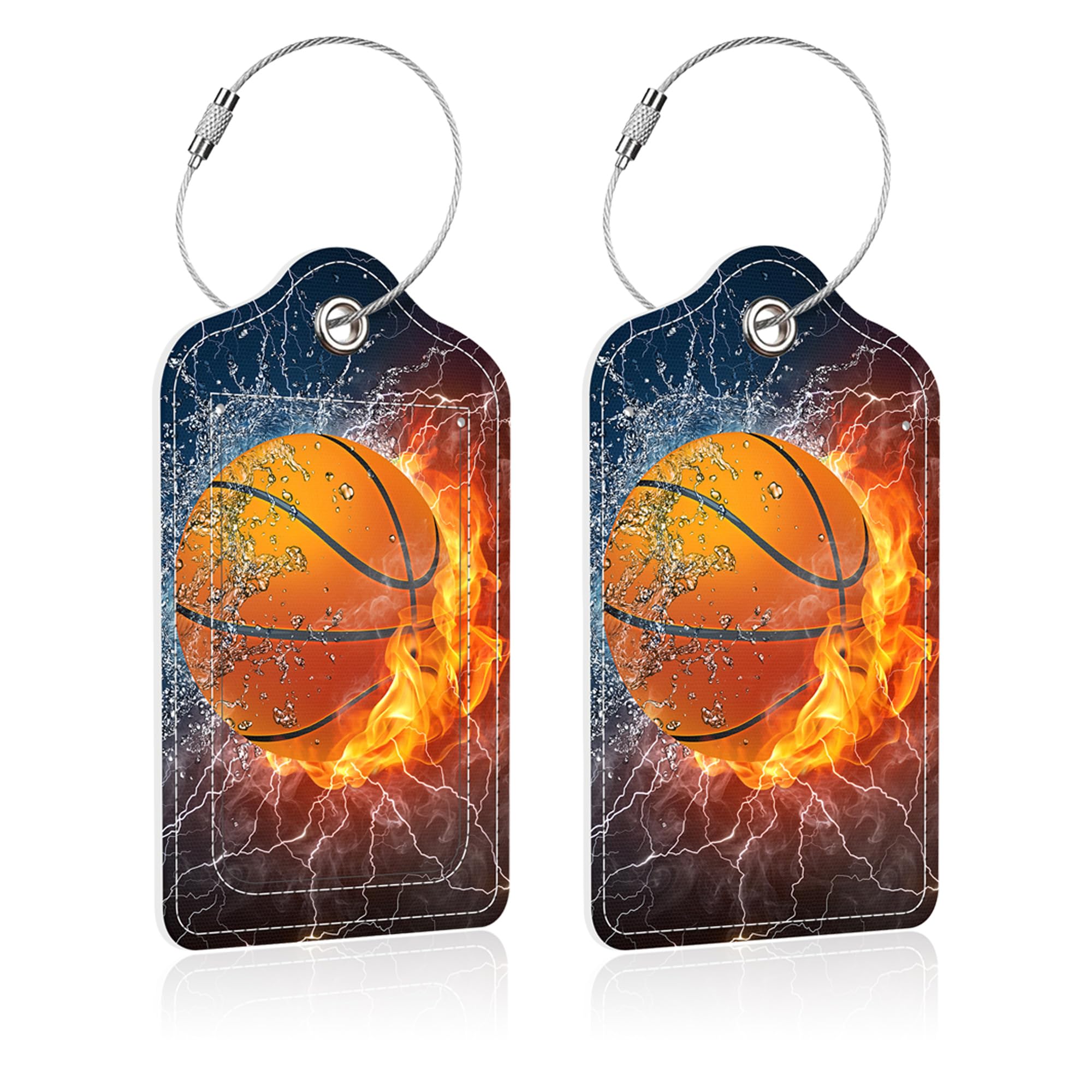 2 Pack Flame Basketball Design PU Leather Luggage Tags with Stainless Steel Loop & Privacy Cover - Durable Suitcase ID Tags for Women, Men & Teens - Perfect for Air Travel, Cruise Vacations & Backpacking Trips