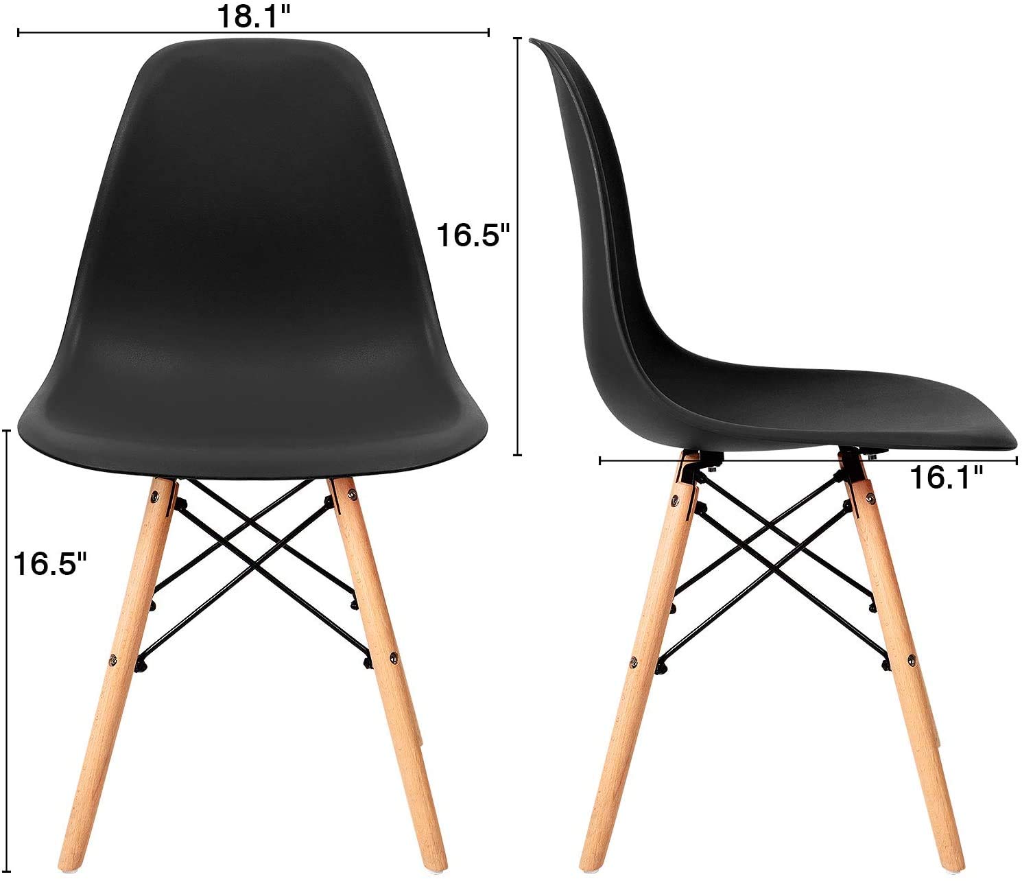 Furniwell Mid Century Modern Dining Chairs Set of 4 - Pre-Assembled Plastic Shell Lounge Side Chairs for Kitchen, Dining Room & Office (Black) - Comfortable Seating for Home & Commercial Use