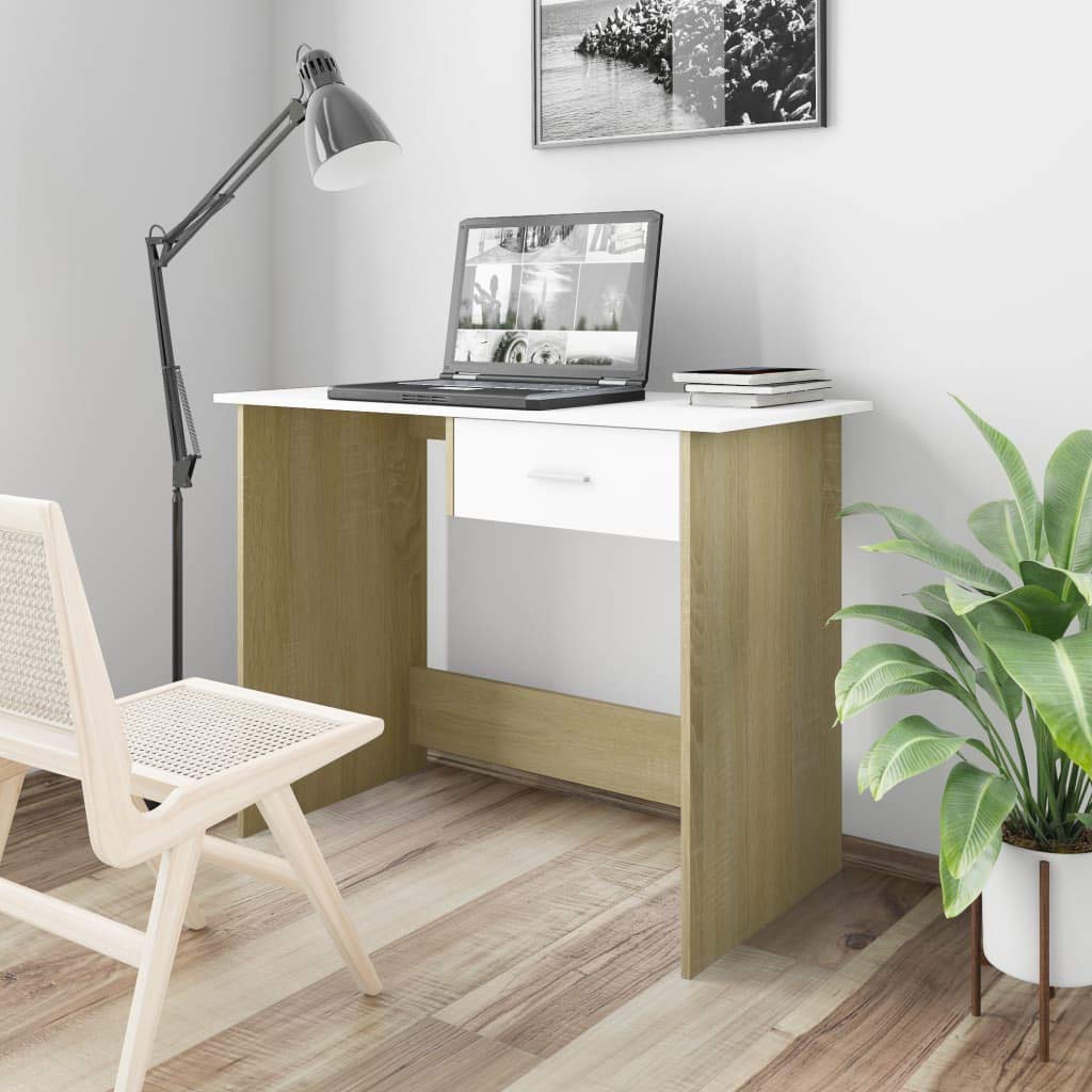 vidaXL Home Office Laptop Desk with Drawers - Compact Computer Writing Workstation for Bedroom, Study & Small Spaces | White & Sonoma Oak Finish | Ideal for Remote Work, Online Classes & Home Office Setup