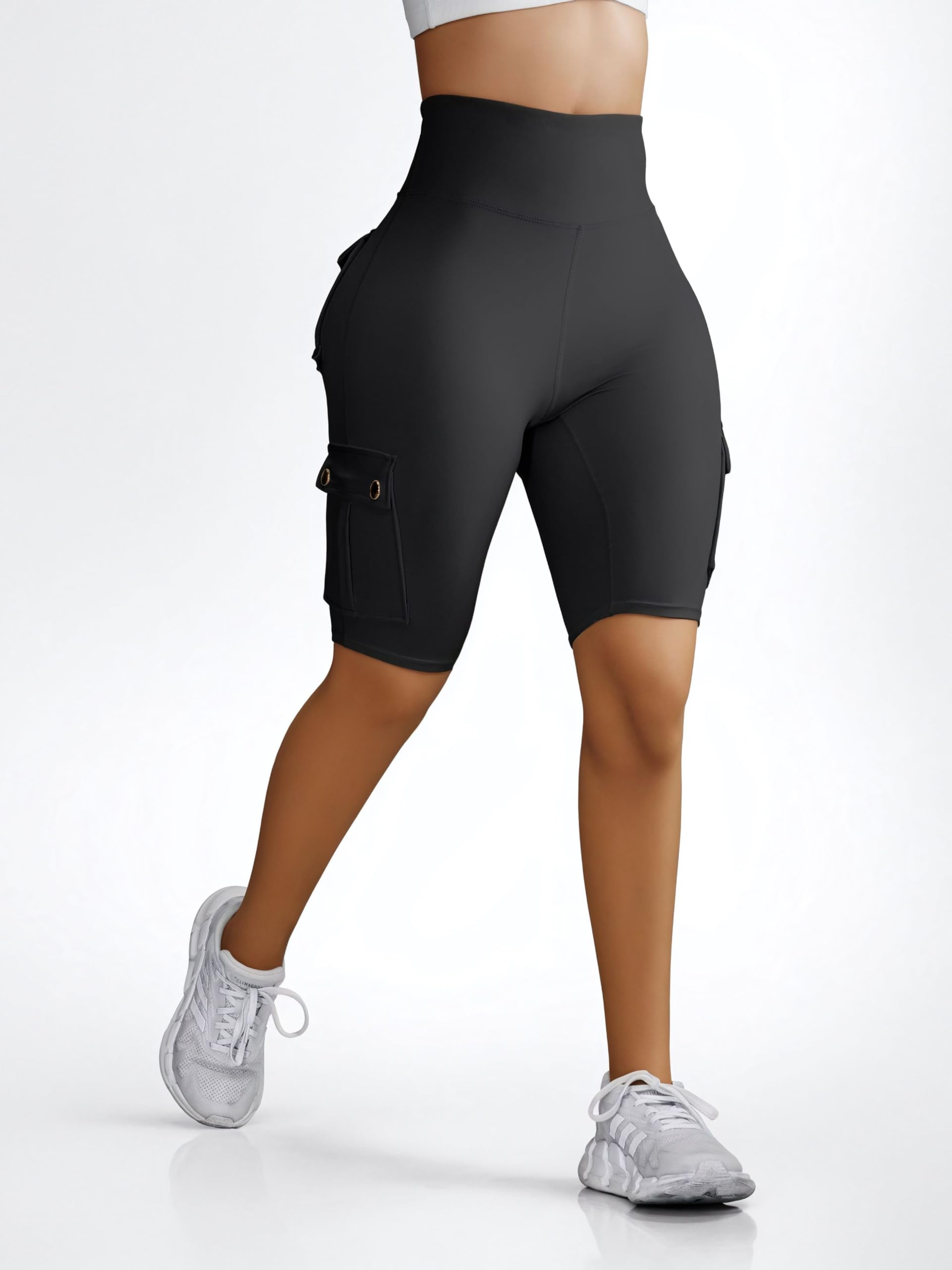 Sumleno Women's High Waist Tummy Control Butt Lifting Workout Shorts - Knee Length Bermuda Cargo Running Shorts with Flap Pockets | Perfect for Gym, Yoga, Running & Everyday Wear