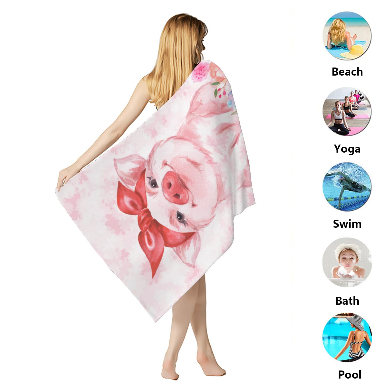 Feelacle Pink Pig Floral Sand-Free Beach Towel - Super Absorbent Large Bath & Pool Towel for Swimming, Spa, Travel, and Outdoor Activities