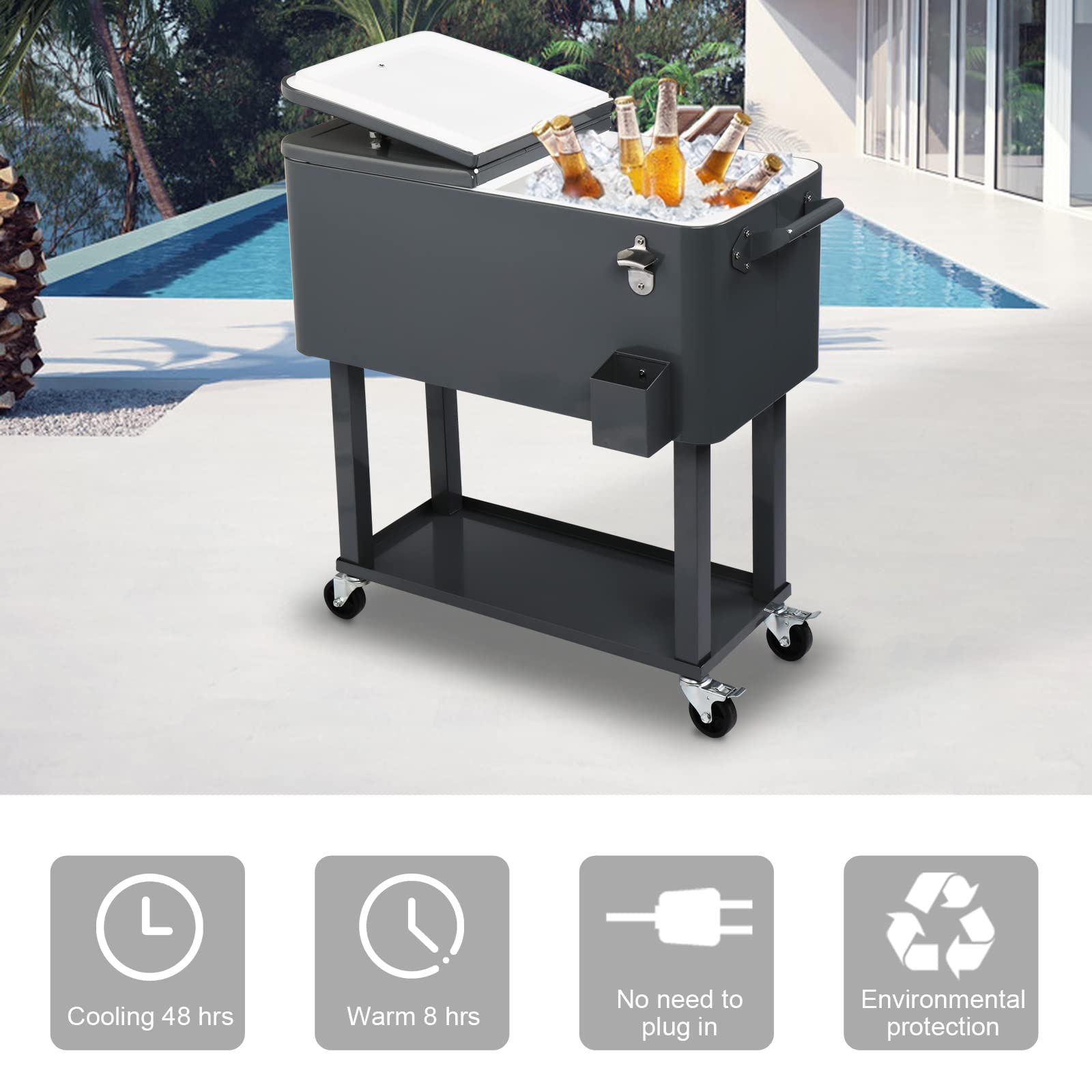 80 Quart Rolling Ice Chest with Wheels - Portable Outdoor Party Bar Cart for Cold Drinks & Beverages - Dark Brown Wicker Faux Rattan Cooler Trolley - Perfect for Backyard BBQs, Beach Trips & Tailgating