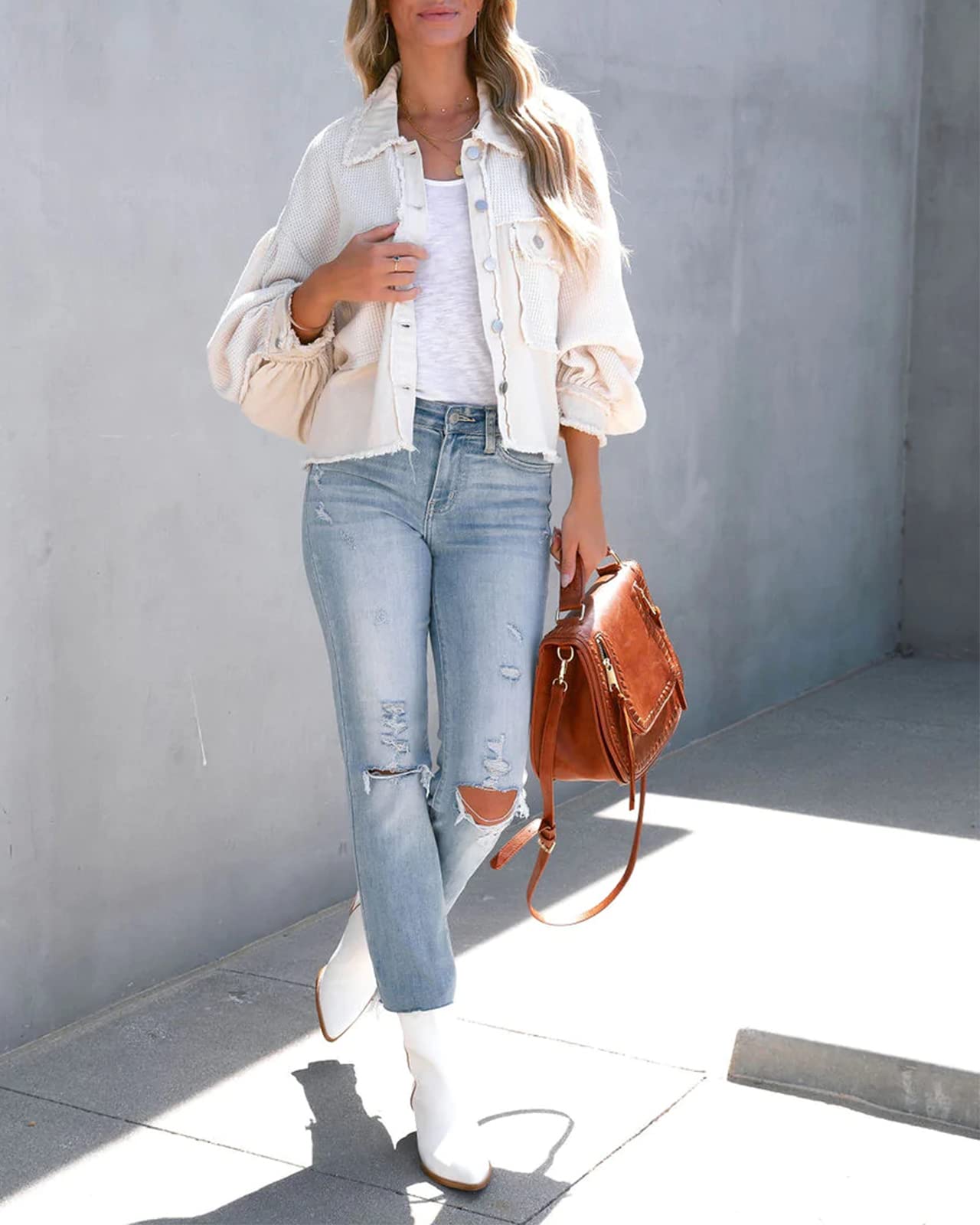 Women's Cropped Waffle Knit Shacket - Denim Stitch Detail Button Down Long Sleeve Loose Jacket Top for Casual Outfits & Layering in Fall/Winter