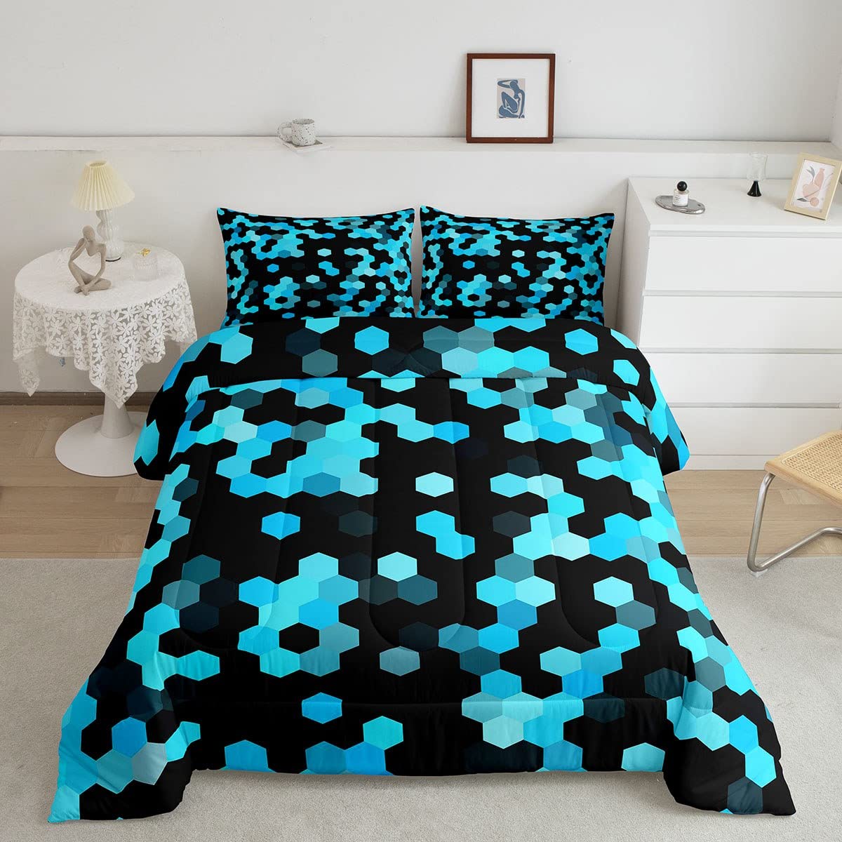 Honeycomb Camouflage Comforter Set - Full Size Black & Blue Camo Down Alternative Duvet for Kids, Boys & Adults | Military Style Hexagon Beehive Bedding | Perfect for Bedroom Decor, Camping & Army Themed Rooms