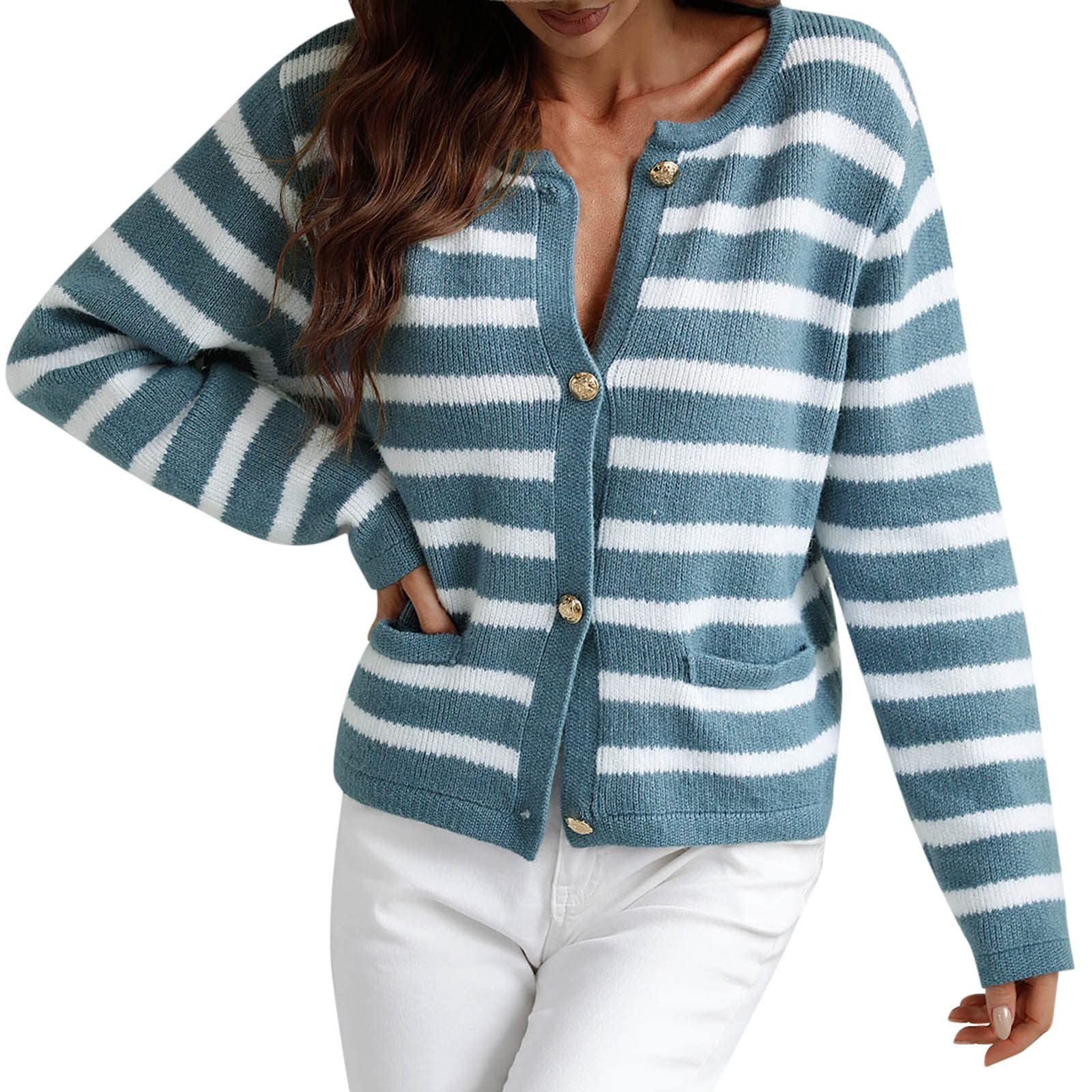 Women's Casual Striped Sweater Cardigan - Round Neck Loose Fit Long Sleeve Open Front Coat with Pockets | Lightweight Knitwear for Fall & Winter | Perfect for Office, Date Night and Weekend Outfits