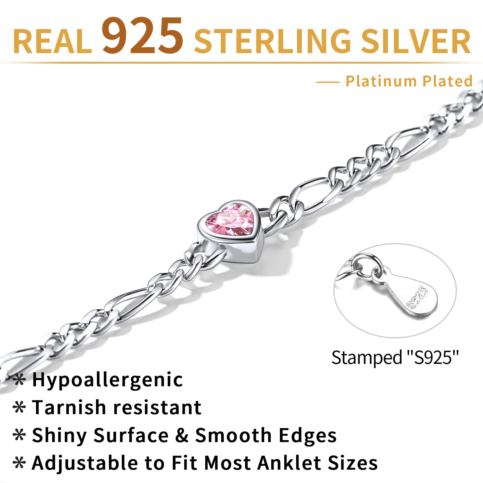 ChicSilver 925 Sterling Silver Heart Birthstone Figaro Chain Anklet for Women - Dainty Summer Beach Ankle Bracelet with Gift Box | Perfect for Vacation, Wedding, Birthday Gifts & Everyday Wear