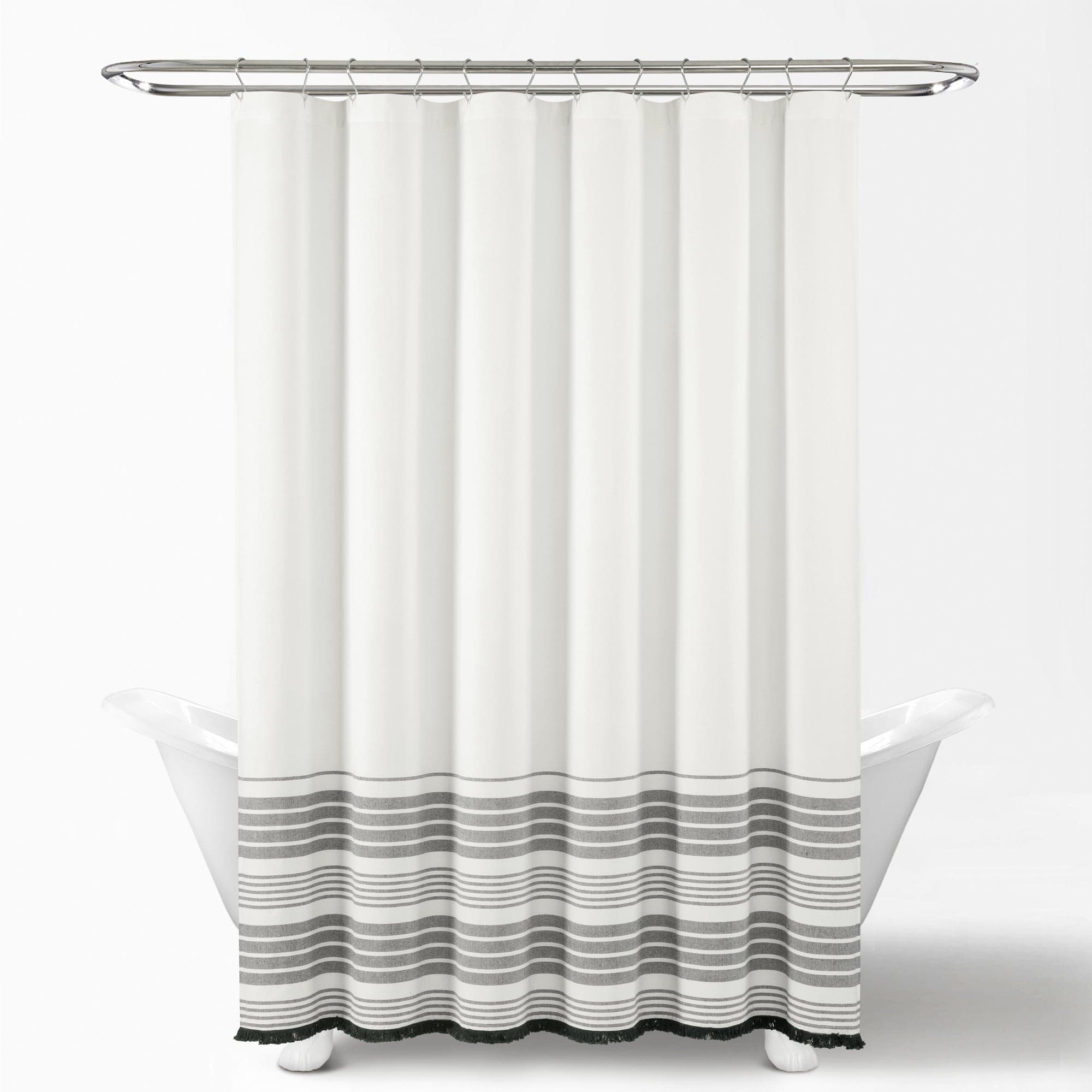 Nantucket Yarn Dyed Tassel Fringe Shower Curtain - Coastal Bathroom Decor for Beach House, Farmhouse & Boho Style