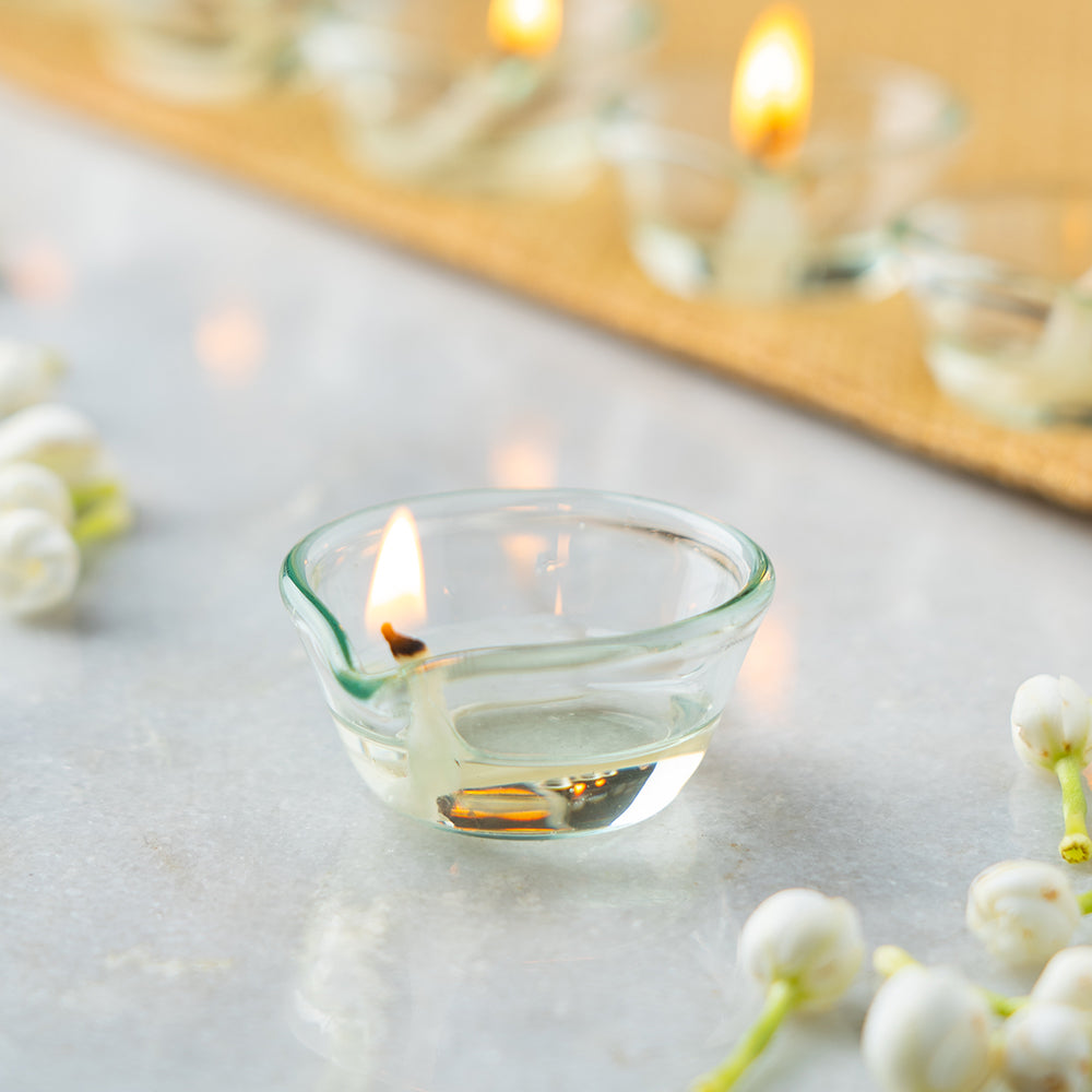 Borosil Glass Diya Set of 6 - Handmade Indian Tea Light Candle Holders for Home Decor, Pooja, Wedding & Festival Celebrations