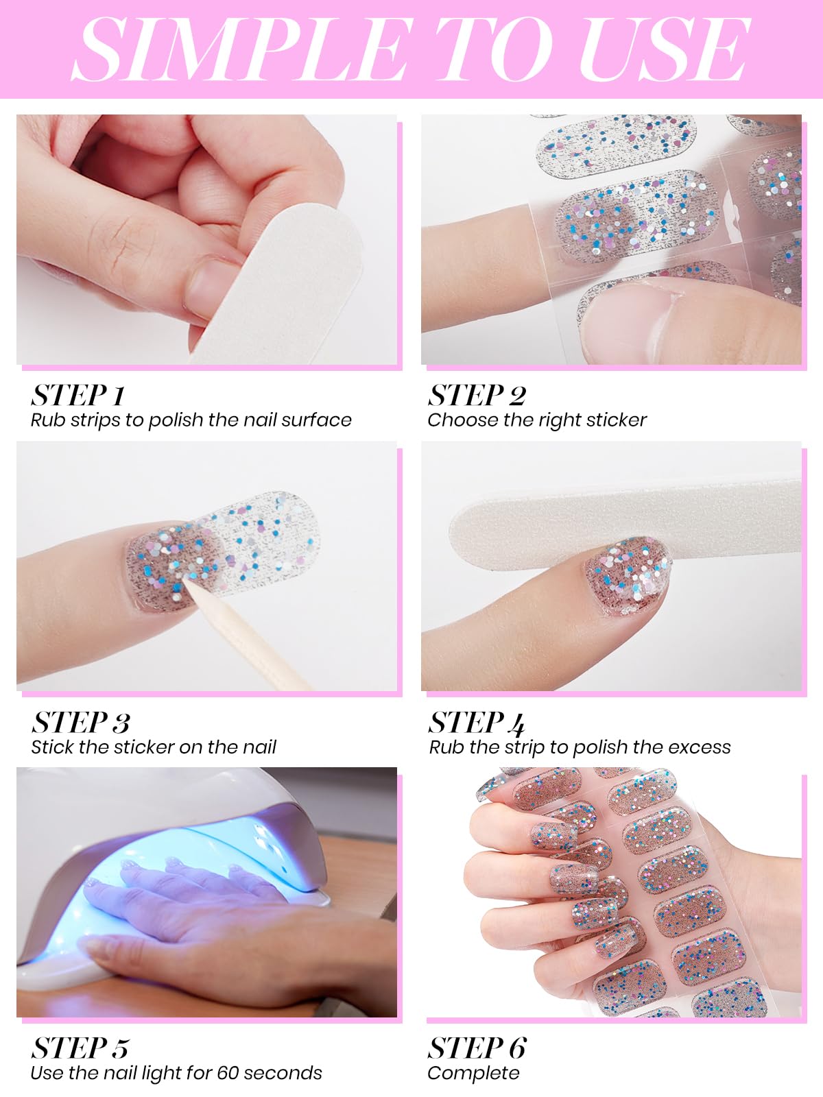 TOROKOM 20-Piece Blue Sequins Cured Gel Nail Strips Kit with Adhesive Wraps, Nail File & Sealing Strip | DIY Salon-Quality Manicure at Home | Requires UV/LED Lamp for Long-Lasting Wear (Perfect for Parties, Weddings & Special Occasions)