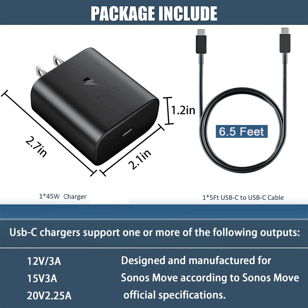45W USB-C Fast Wall Charger for Sonos Move Bluetooth Speaker | Travel Power Adapter with 6.5Ft Cable | Perfect for Home, Office & On-the-Go Charging