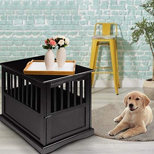 Modern Black Wood Dog Crate Table - Stylish Kennel & End Table for Indoor Use | Durable Hidden Pet Enclosure Furniture for Living Room, Bedroom or Office Decor