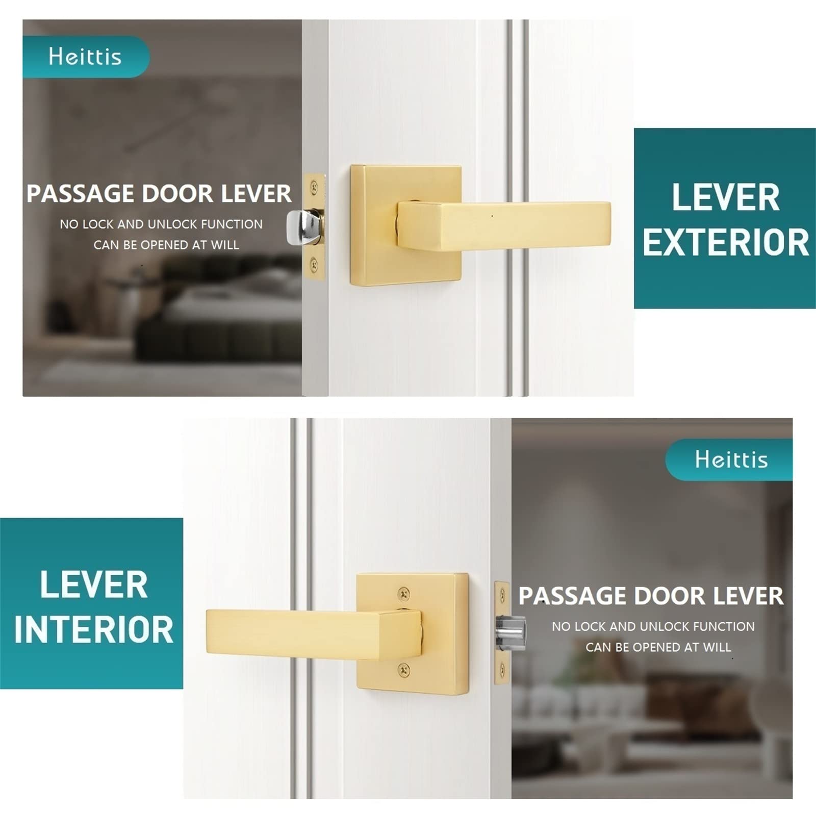 6 Pack Square Gold Passage Door Levers - Stain Brass Contemporary Modern Design for Hall, Closet & Interior Doors | Durable & Stylish Door Handles for Home, Office & Commercial Spaces