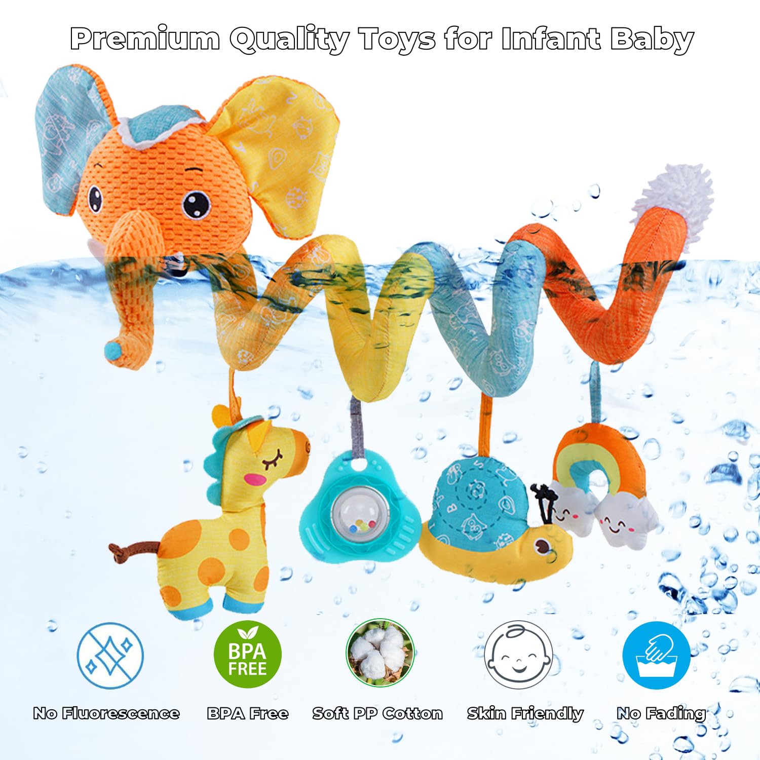 Best Baby Car Seat & Stroller Toys for Infants 0-12 Months - Spiral Activity Developmental Toy with Music Box, Rattle & Squeaker - Orange Elephant Design - Perfect for Crib, Stroller & Travel