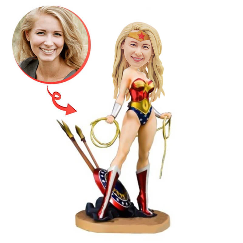 Custom Wonder Woman with Ropes at Hands Bobblehead - Unique Superhero Collectible for Office Desk, Home Decor & DC Comics Fans