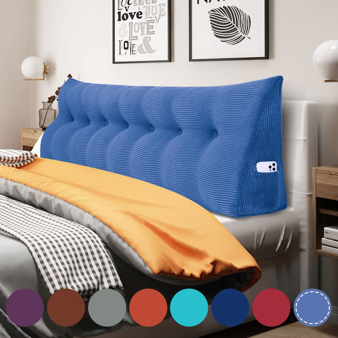 WOWMAX Wedge Body Pillow for Reading & Bedrest - Large Back Support Cushion with Removable Cover - Lumbar & Headboard Pillow for Daybeds - Corduroy Jean Blue King Size - Perfect Gift for Mom - Ideal for Relaxing, Watching TV & Pregnancy Support