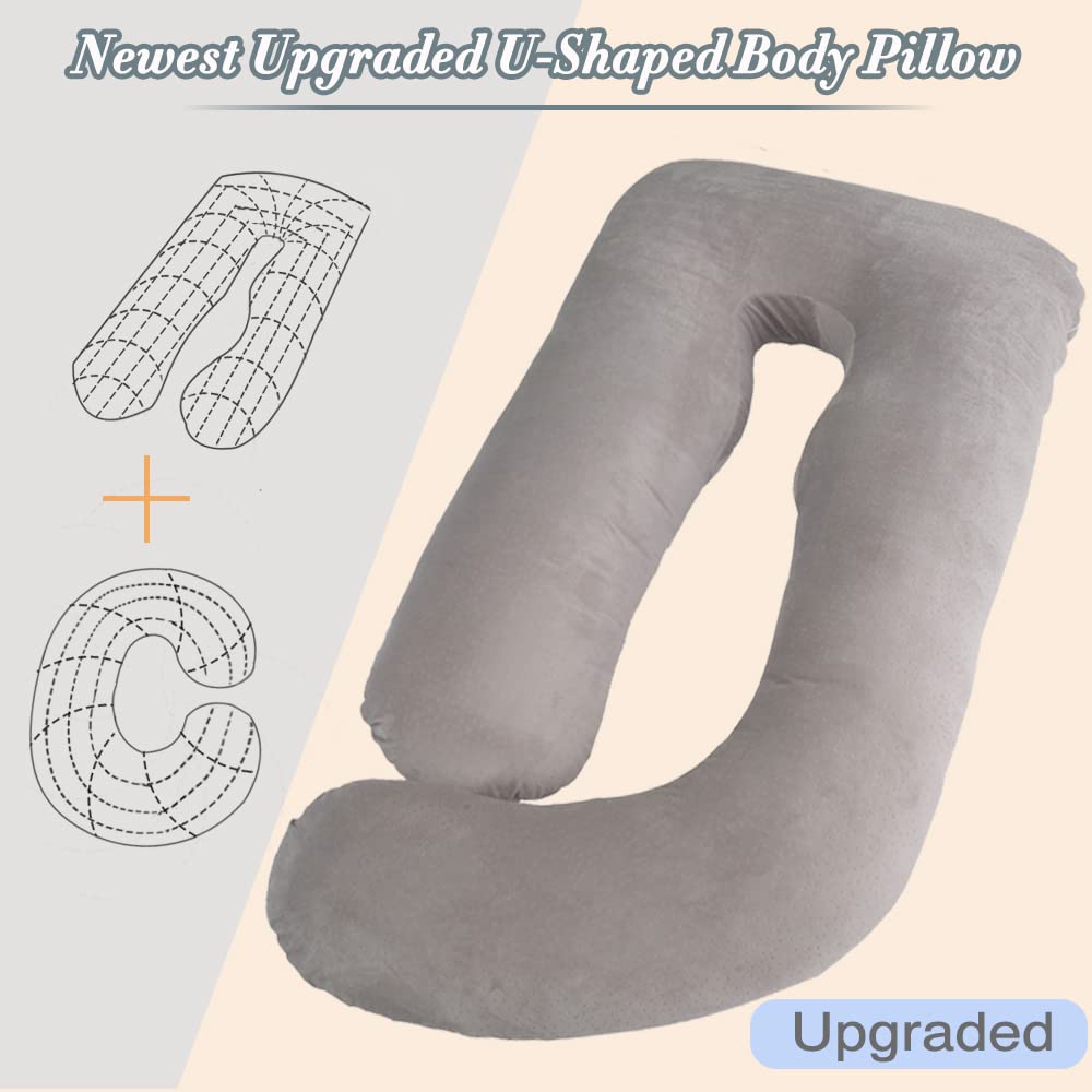AMCATON 60 Inch Extra Large U-Shaped Pregnancy Pillow for Sleeping - Maternity Body Pillow with Soft Velour Cover (Grey) - Perfect for Pregnant Women, Back Pain Relief & Comfortable Side Sleeping