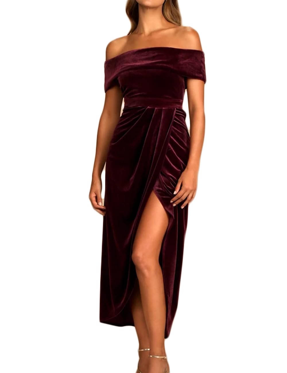Elegant Velvet Ruched Bodycon Wrap Off The Shoulder Dress for Women - Sexy High Slit Cocktail Party Midi Dress - Perfect for Night Out, Date Night, Club Wear and Special Occasions
