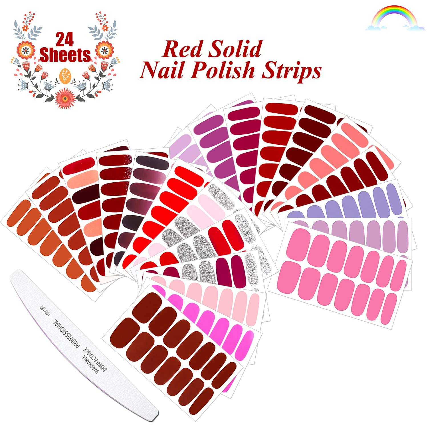 JERCLITY 24 Sheets Red Solid Color Nail Polish Strips - Self-Adhesive Nail Wraps for Women & Girls | DIY Nail Art Decals with Nail File | Perfect for Parties, Weddings & Everyday Manicures