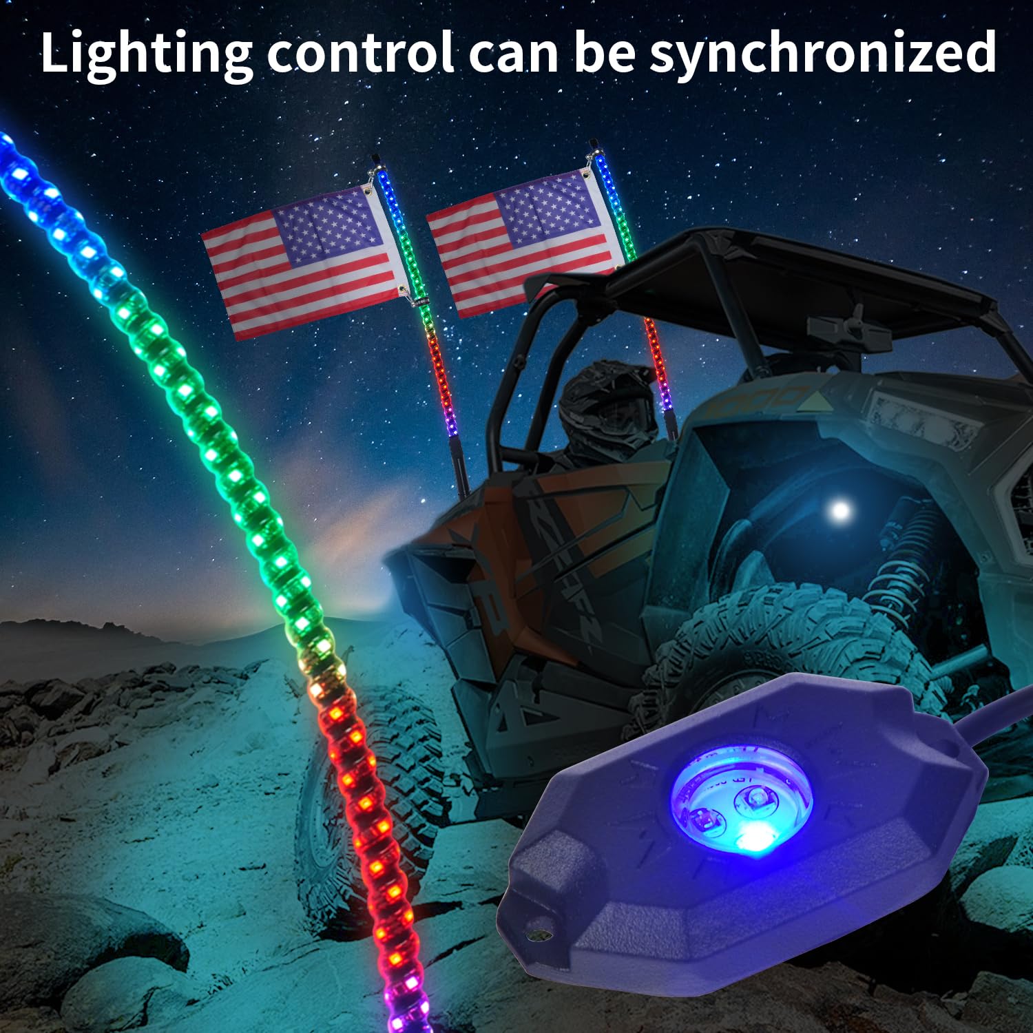 OHMU 2PCS 3FT LED Whip Lights & 8-Pod Rock Lights Kit with Bluetooth App Control - Offroad Vehicle LED Light Bar for Jeep, Truck, ATV, UTV - Waterproof Neon Underglow & Safety Warning Lights for Night Driving & Outdoor Adventures