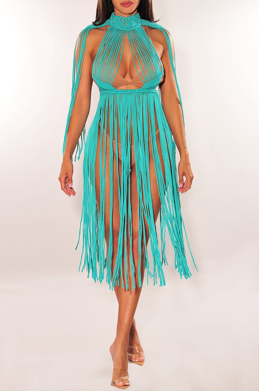 Stylish Turquoise Crochet Cape Sleeves Fringe Cover Up Dress for Beach, Boho Fashion & Summer Outfits