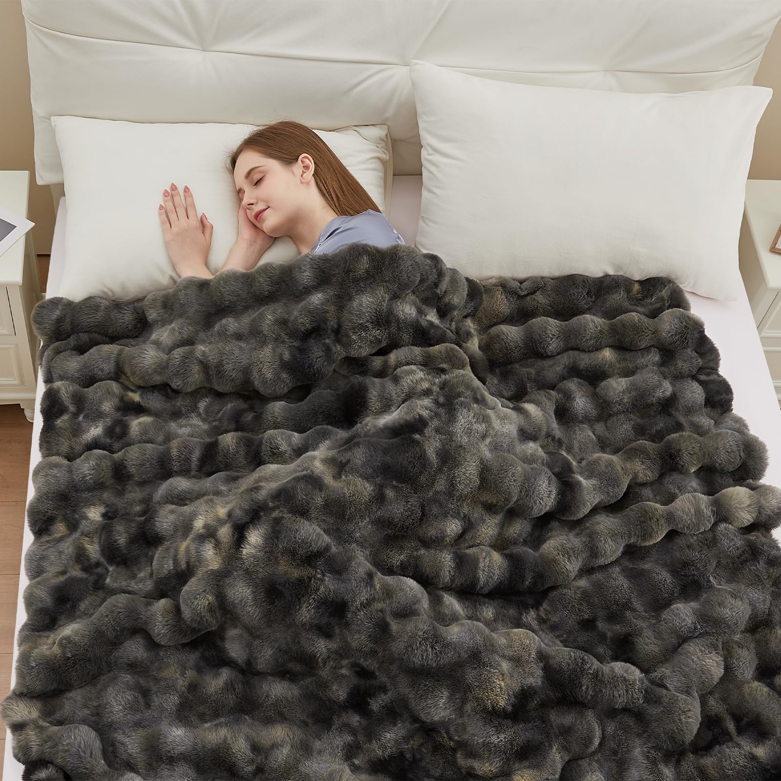Faux Fur Throw Blanket 50x60 Inches - Ultra Soft 1000GSM Plush Blanket for Couch, Bed & Sofa - Warm Cozy Rabbit Lola Blanket in Tie-Dye Grey - Perfect for Living Room, Bedroom & Winter Nights