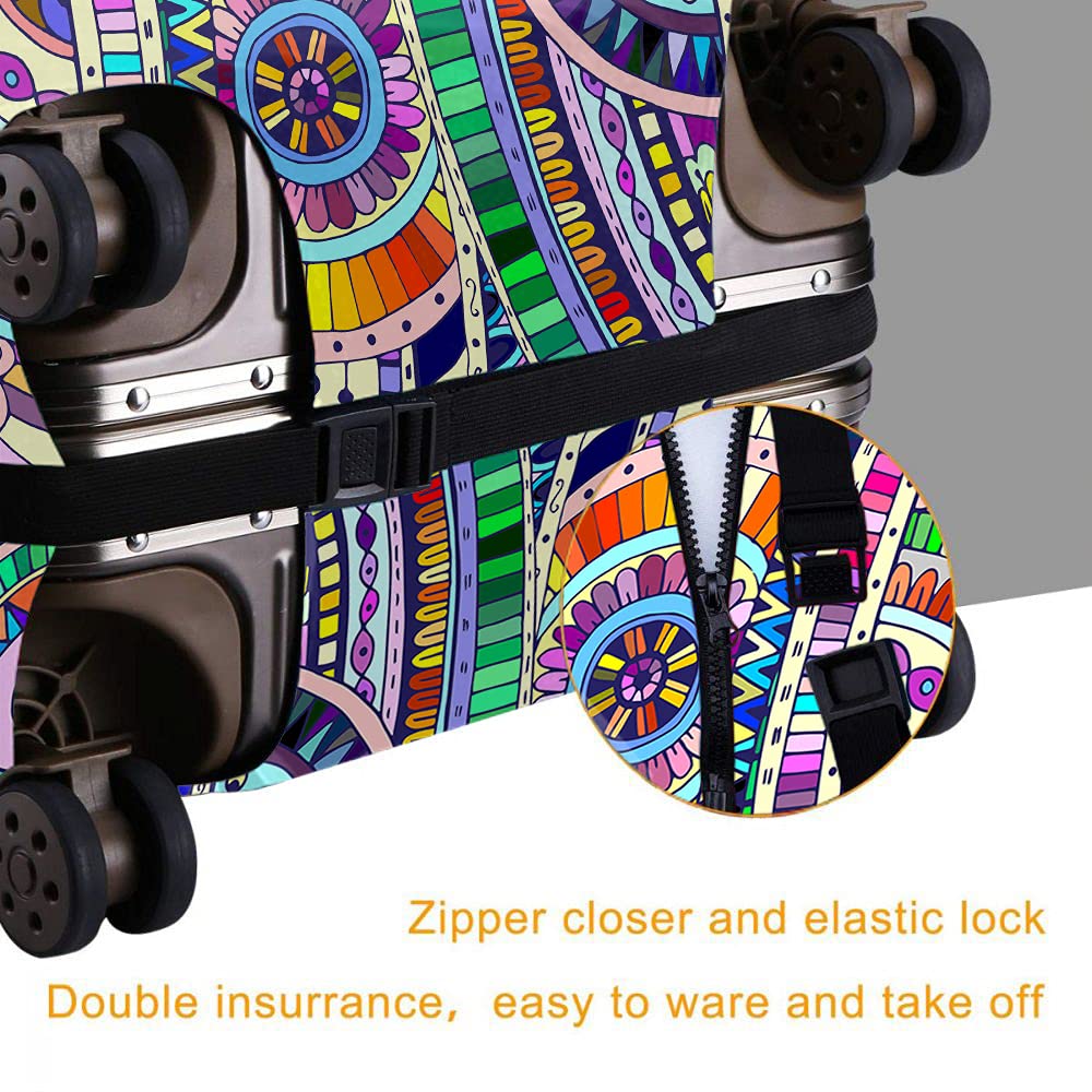 Wondertify Ethnic Geometric Luggage Cover - Washable Elastic Suitcase Protector with Concealed Zipper for 18-21 Inch Bags | Tribal Sunflower Design | Perfect for Travel, Vacation & Airplane Trips