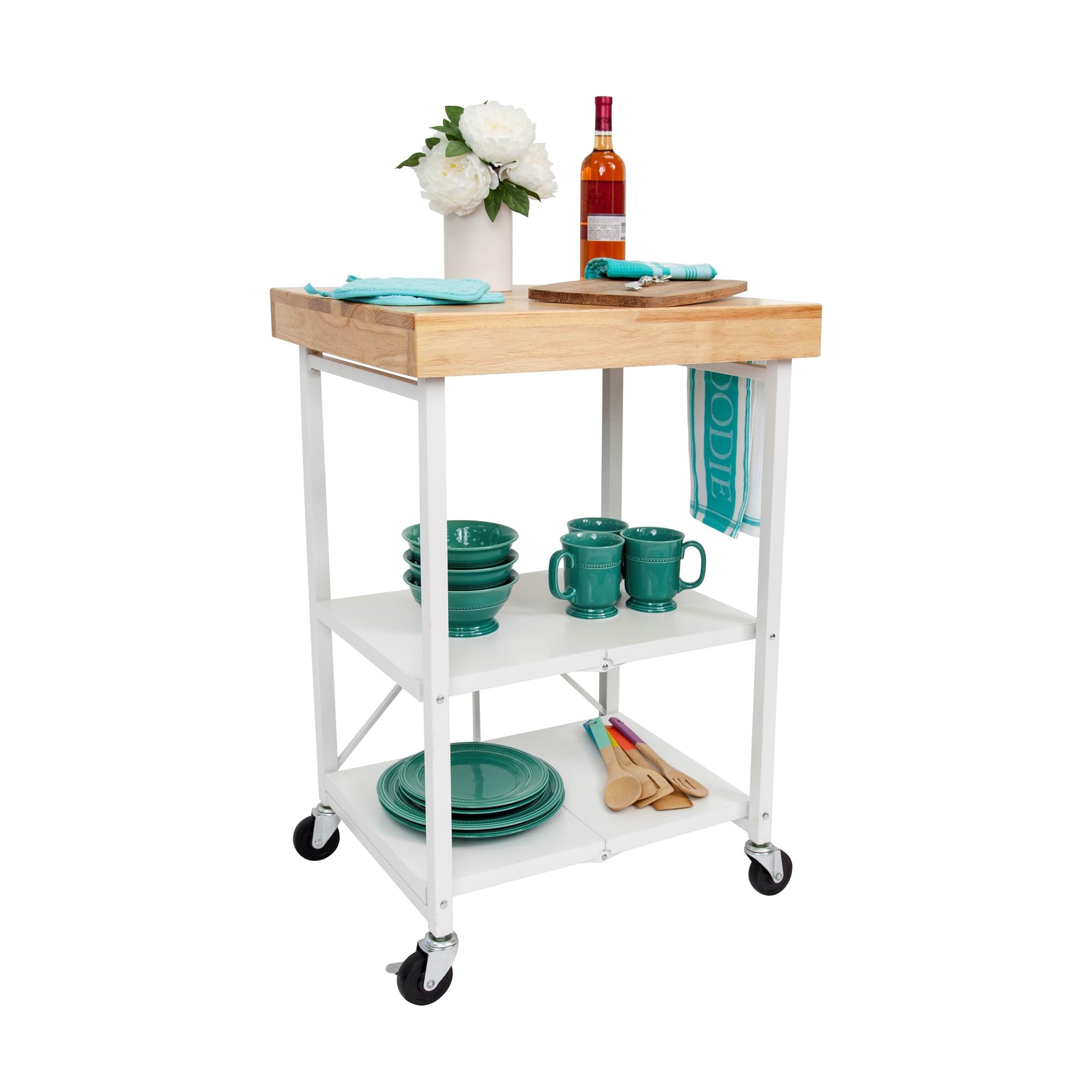 Foldable Kitchen Island Cart with Wheels - White Rolling Storage Organizer for Small Spaces, Countertop & Pantry Organization - Perfect for Apartments, Dorms & Compact Kitchens