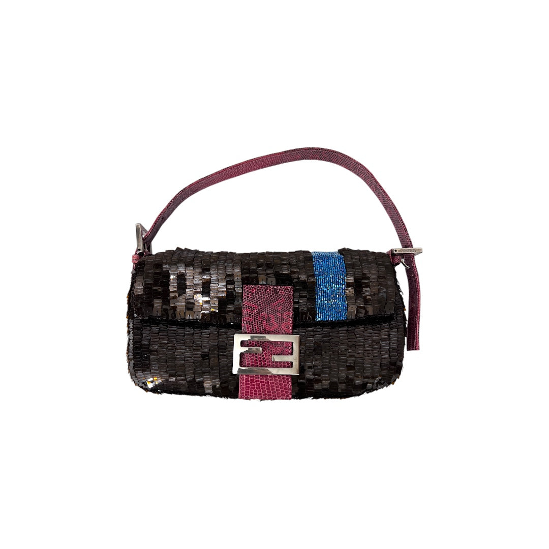 Fendi Brown Sequin Blue Stripe Baguette Bag - Luxury Designer Handbag for Women, Evening Parties & Special Occasions
