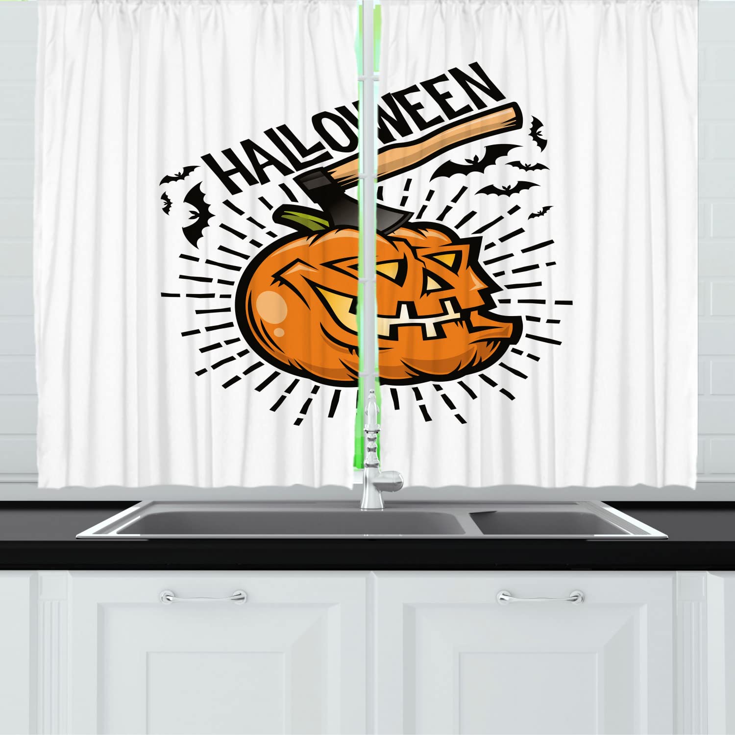 Ambesonne Halloween Kitchen Curtains - Scary Pumpkin & Bat Silhouette Design, 2 Panel Rod Pocket Drapes, 55x45 Inch, White Orange Dark Grey - Perfect for Spooky Kitchen Decor & Halloween Party Setup