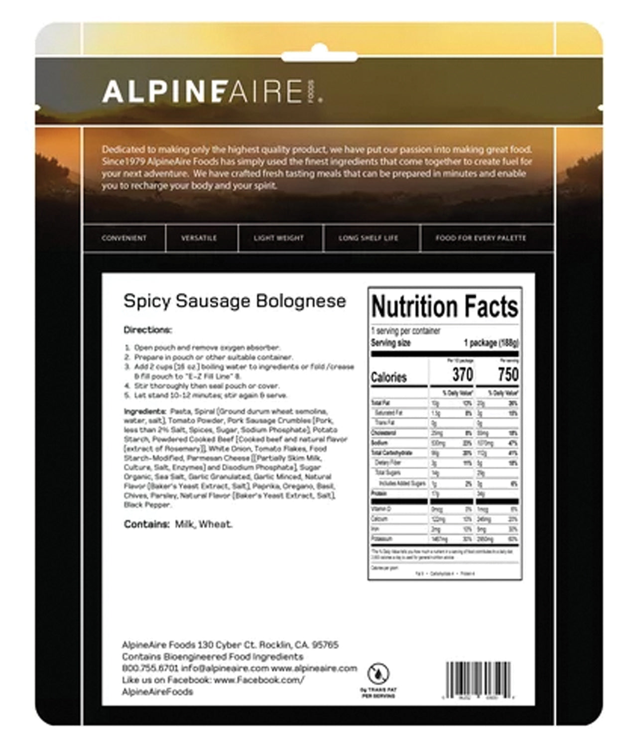 Alpine Aire Spicy Sausage Bolognese Freeze-Dried Meal - High Protein Backpacking & Camping Food - Perfect for Hiking, Emergency Prep & Outdoor Adventures
