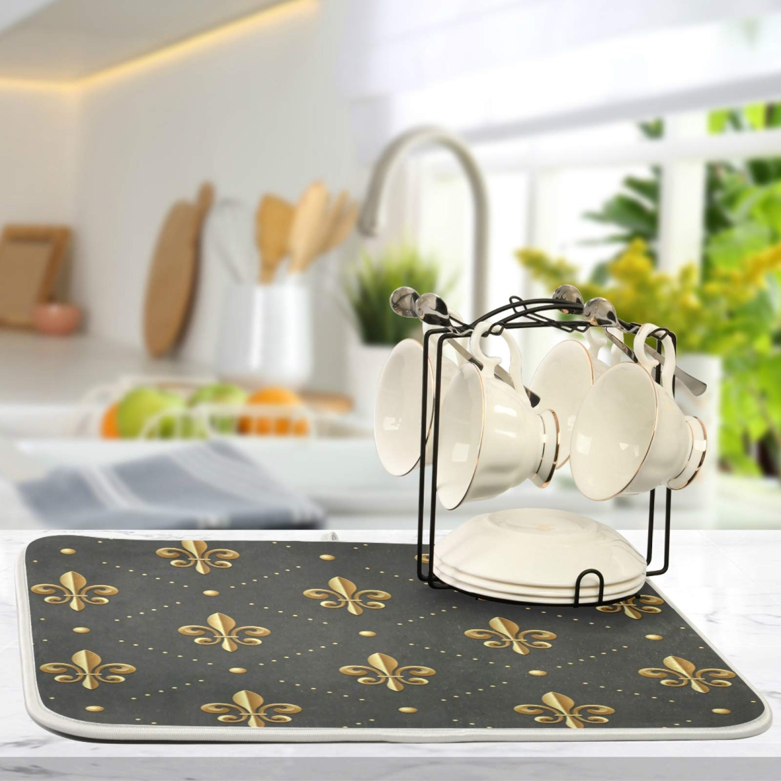 Susiyo Super Absorbent Microfiber Dish Drying Mat - 18x24 Inch Heat-Resistant Kitchen Counter Pad with Golden Fleur Lis Design | Perfect for Drying Dishes, Protecting Countertops & Organizing Kitchen