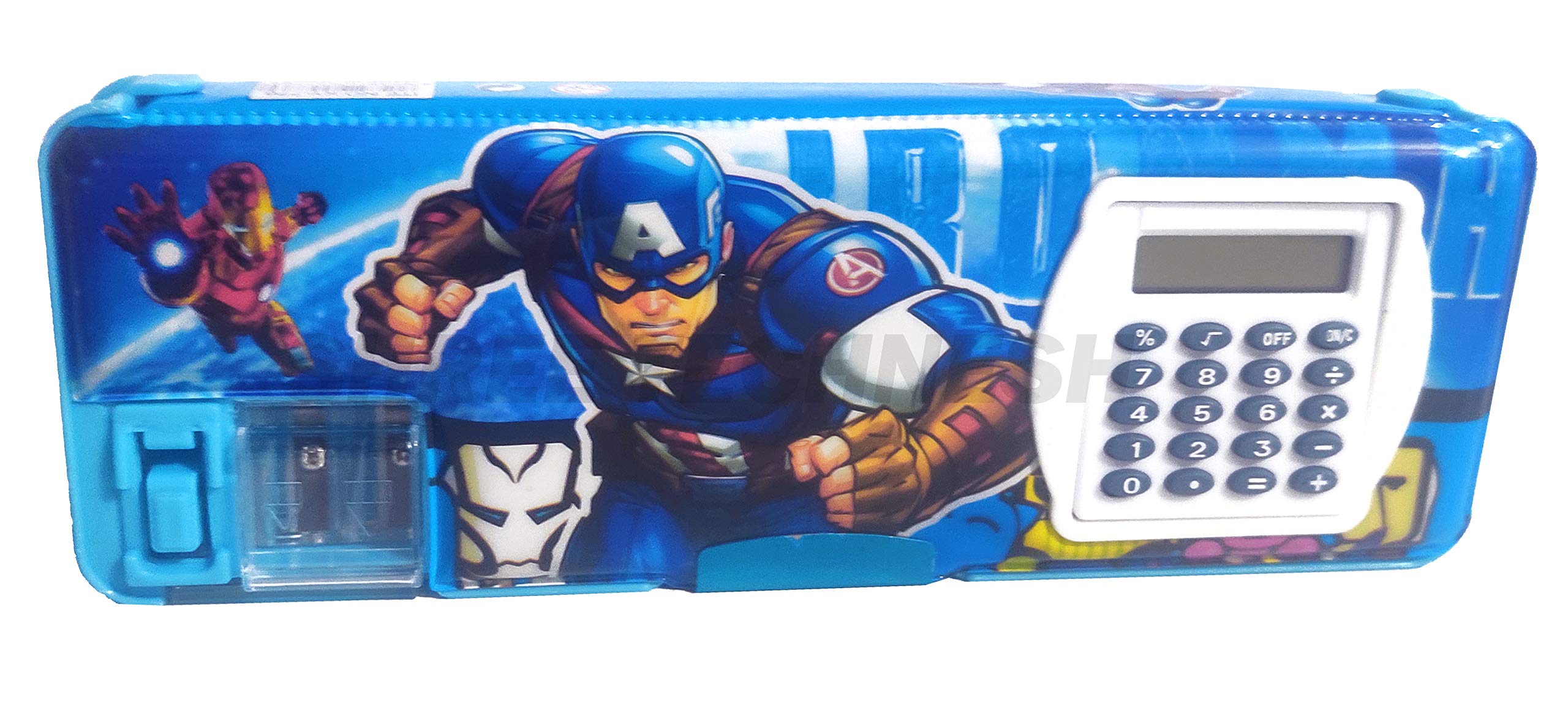SHREE TECHNESH® Superhero-Themed Dual-Sided Pencil Case with Built-in Calculator & Gun Pen - Perfect for School, Office & Gift Giving