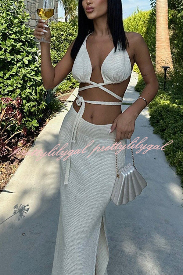 Sexy Solid Color Lace-Up Swimsuit & Knitted Elastic Slit Maxi Skirt Set - Perfect for Beach Vacations, Pool Parties, and Summer Getaways