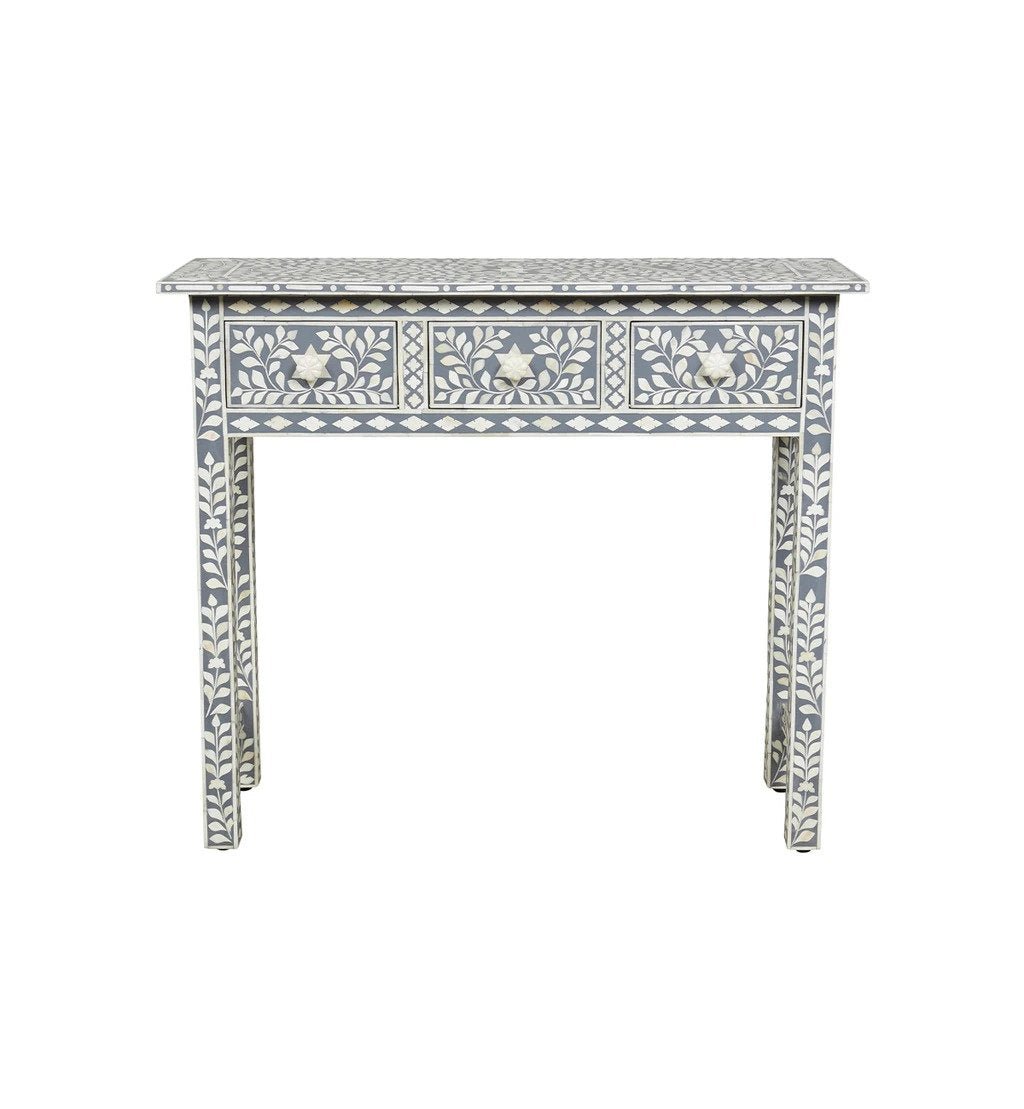 Handmade Gray Bone Inlay Floral Design Console Table with 3 Storage Drawers - Elegant Entryway Furniture for Hallway, Living Room & Foyer Decor