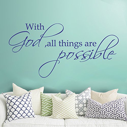 Religious Vinyl Bible Wall Decal - 'With God All Things Are Possible' Scripture Quote, Black Home Art Decoration for Bedroom, Nursery & Church