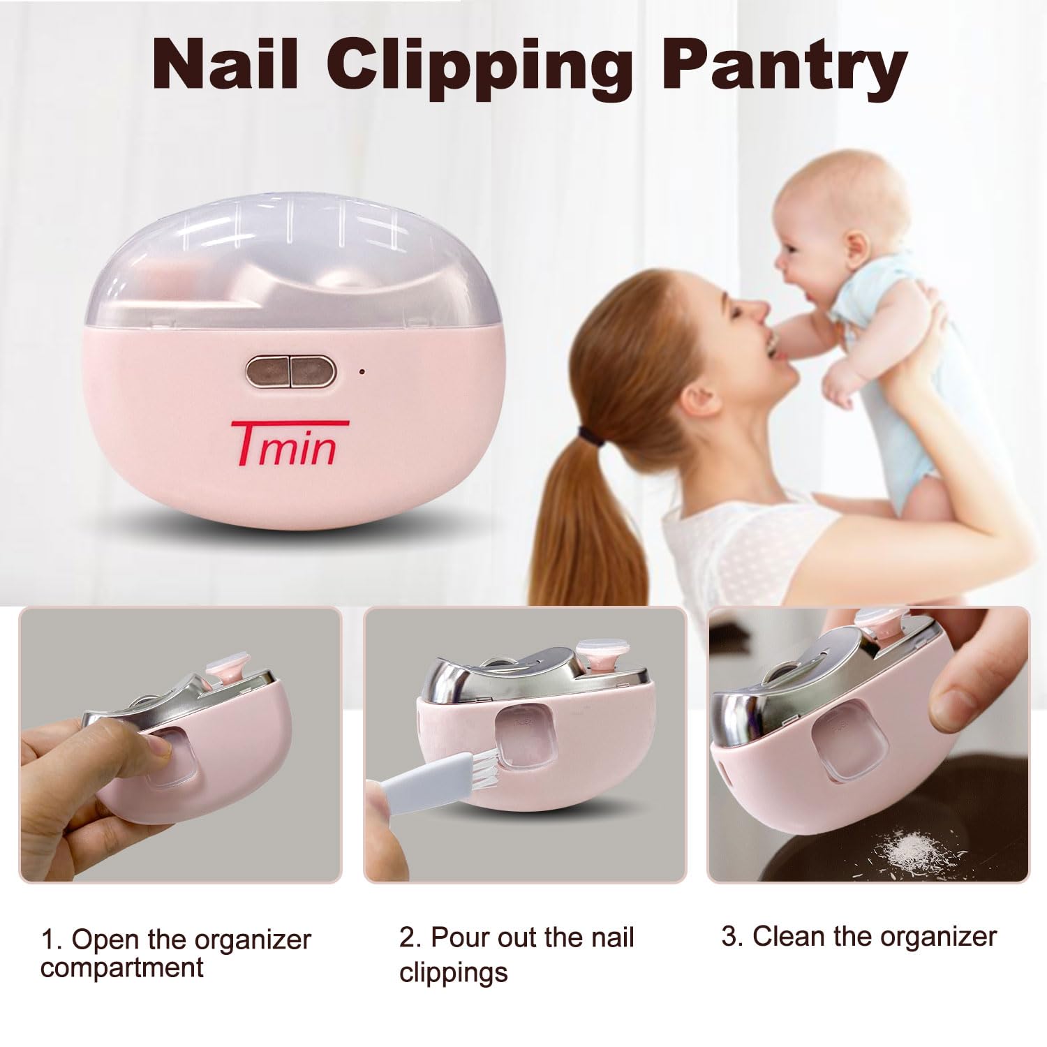 TMIN Electric Nail Clipper with LED Light & 2 Speed Settings - Rechargeable USB Nail Trimmer and Polisher 2-in-1 Design with Nail Storage - Safe for Babies, Kids, Adults & Seniors (Pink) - Perfect for Home, Travel and Gentle Nail Care