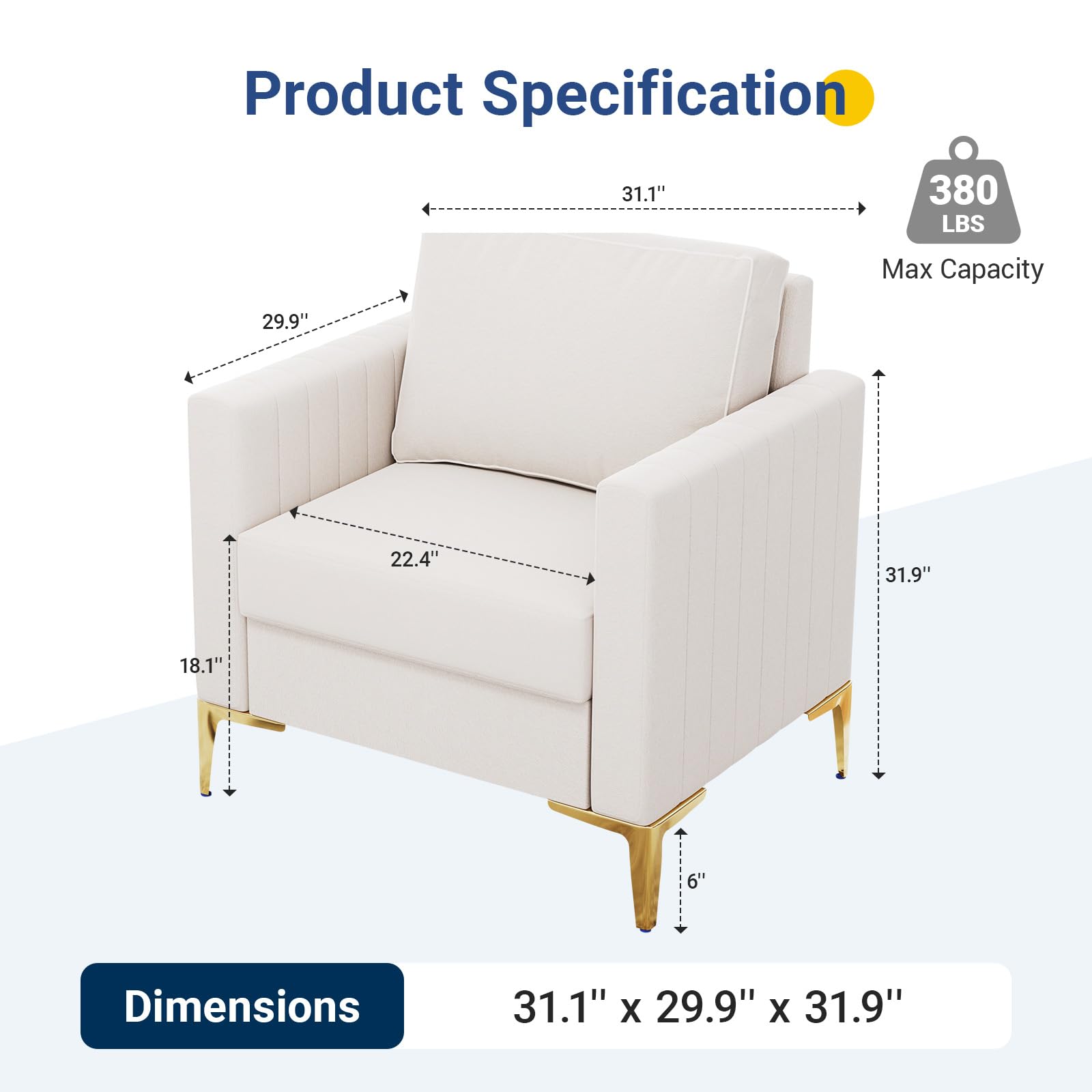 Avenco Modern Sofa & Armchair Set - Extra Deep Seat Accent Chairs, Ivory Upholstered Couch for Living Room, Apartment, Home Office | Perfect for Lounging, Entertaining & Small Space Decor