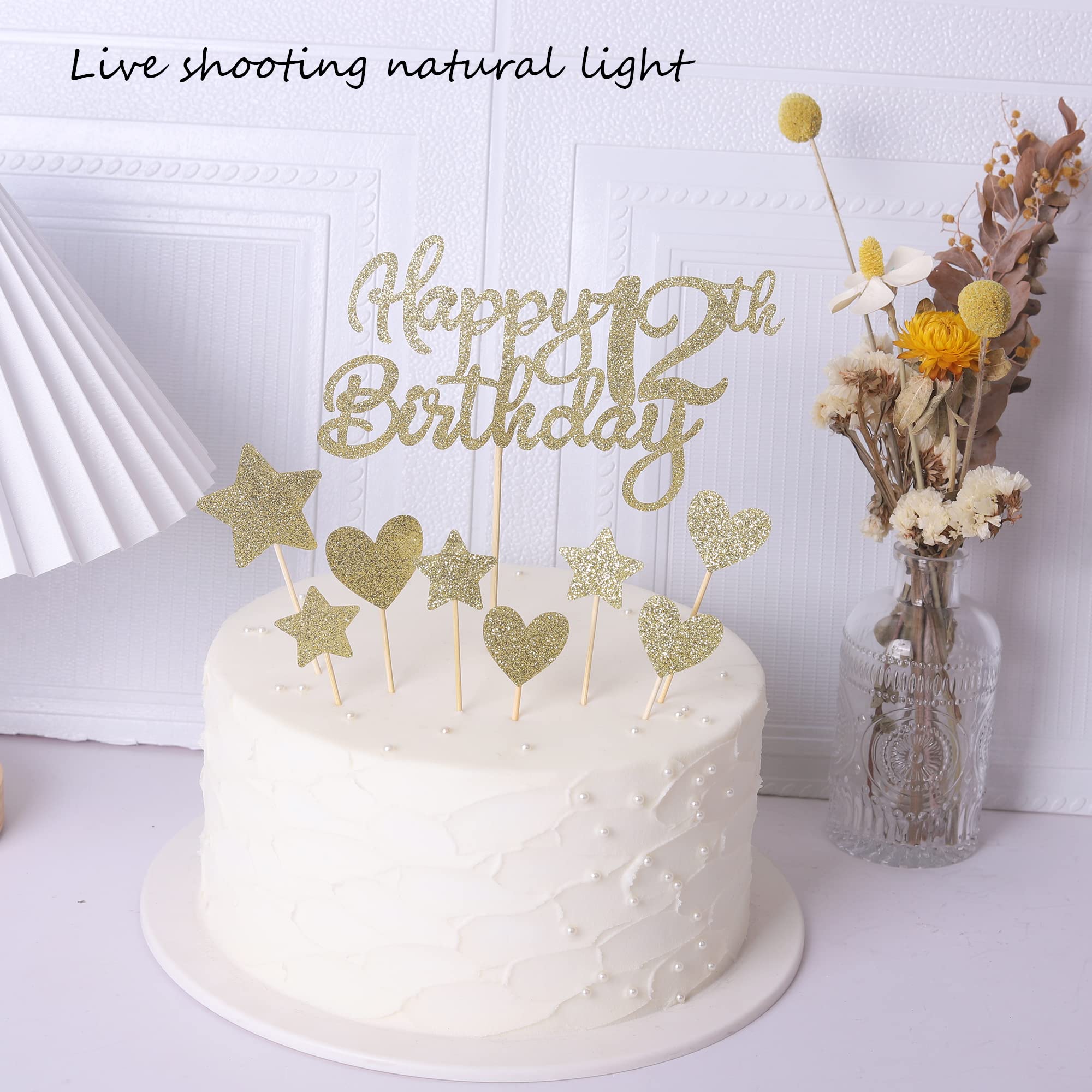 Rsstarxi 9 Pack Happy 12th Birthday Cake Toppers - Glitter Heart & Star Cupcake Decorations for 12 Year Old Birthday Party | Cheers to Twelve Years Celebration | Perfect for Girls, Boys, Teens & Anniversary Parties